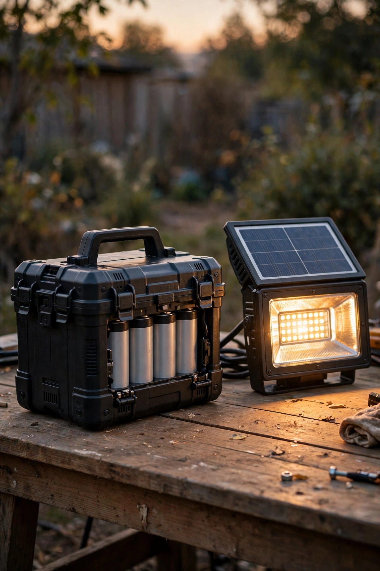 Replaceable lithium battery pack beside a solar flood light housing on a workbench