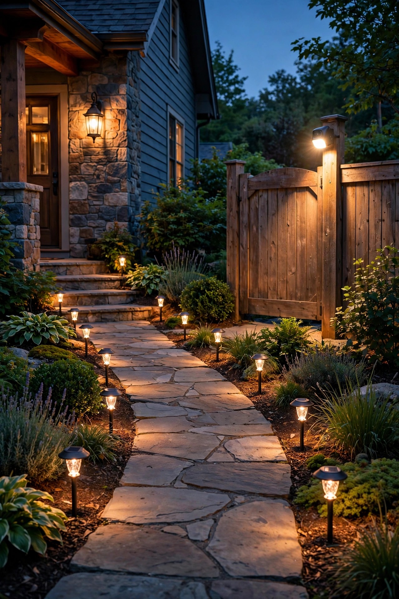 Photorealistic warm dusk view of a front walkway lined with warm solar stake lights, a glowing photocell porch lantern by the door and a motion light shining over a side gate