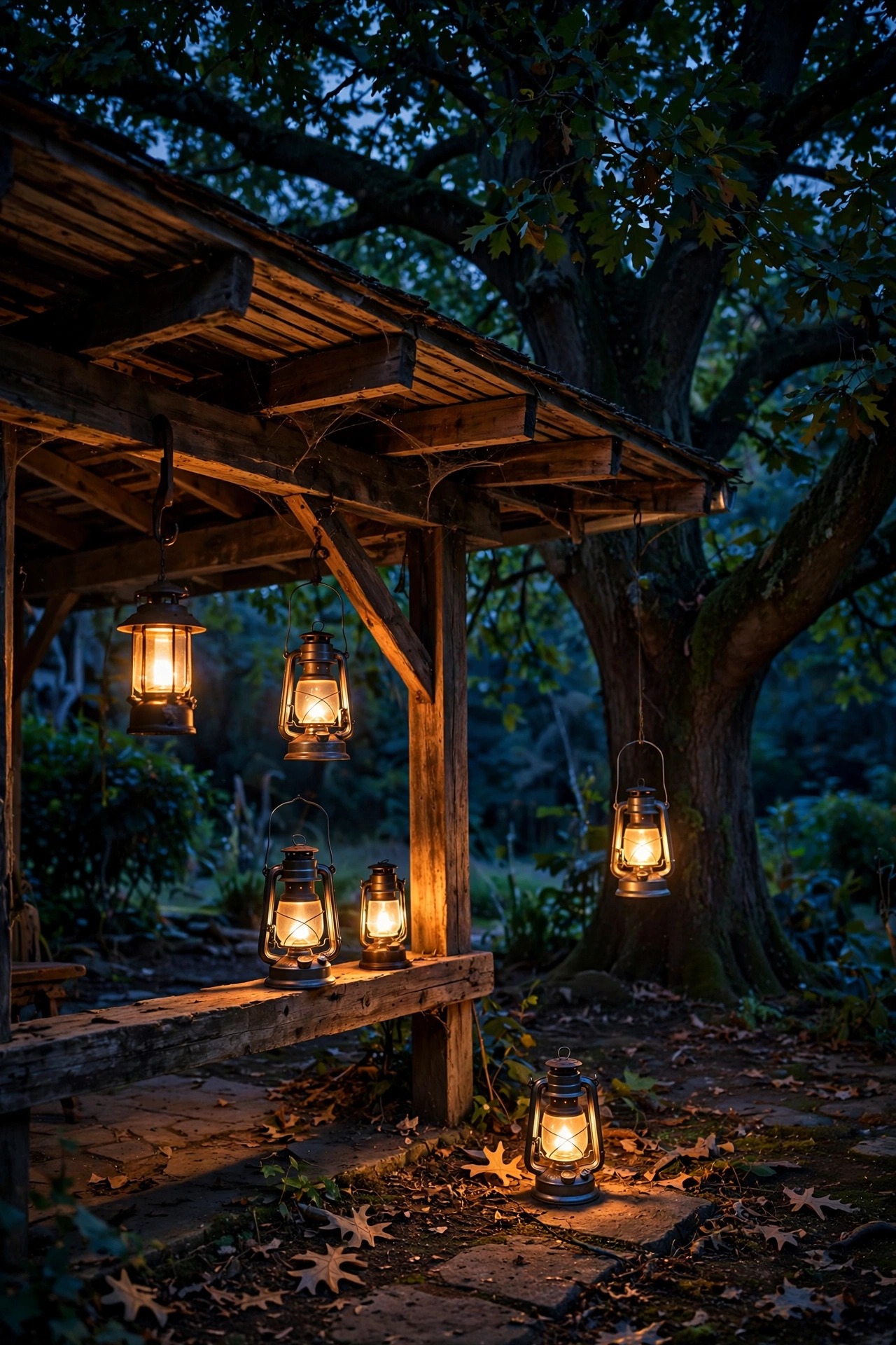 Battery lanterns glowing in the deep shade beneath a large tree and under a porch roof, spots where no direct sun reaches
