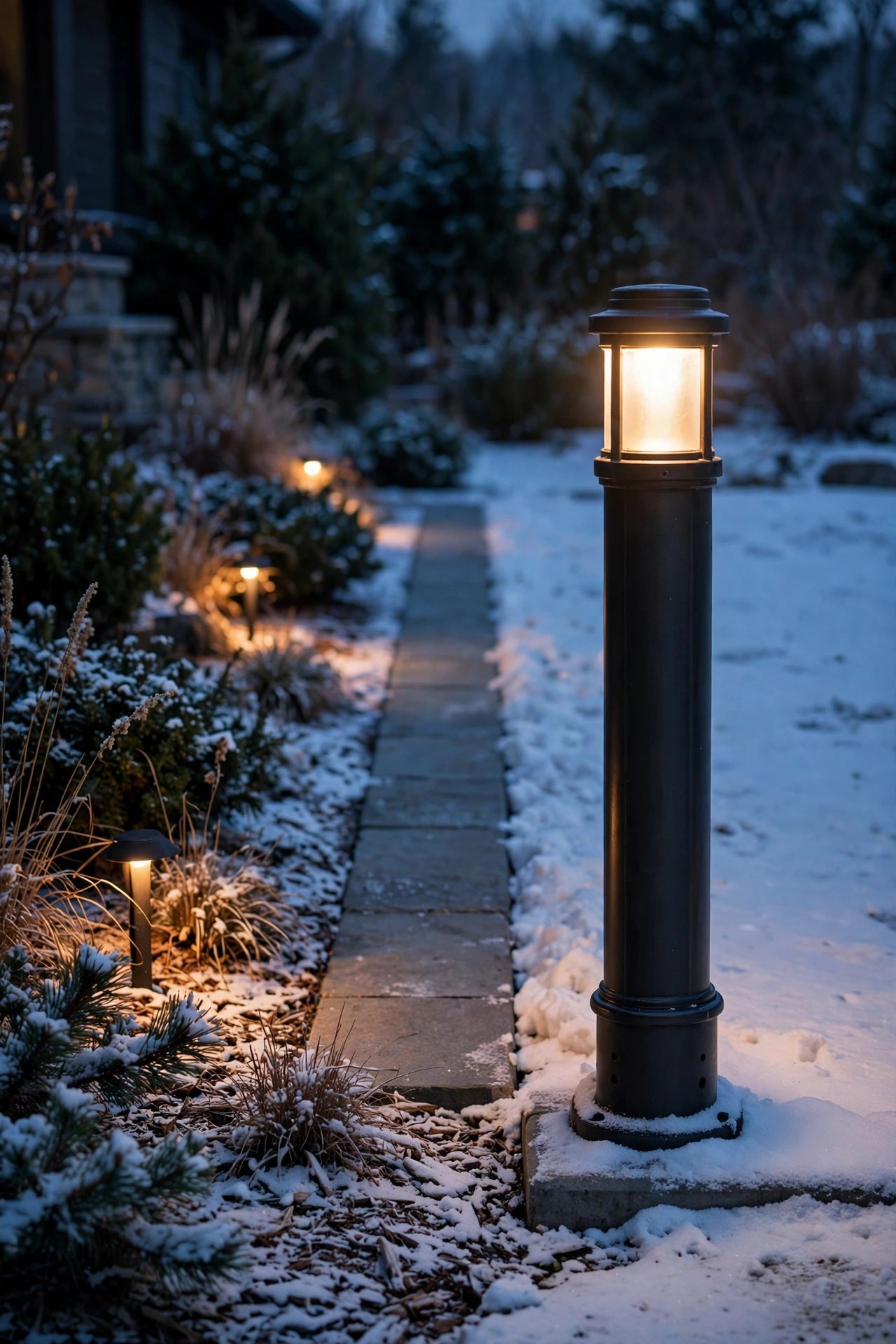 Sturdy metal bollard light standing clear above a light dusting of snow beside a cleared walkway at dusk, low path light glowing in the bed nearby