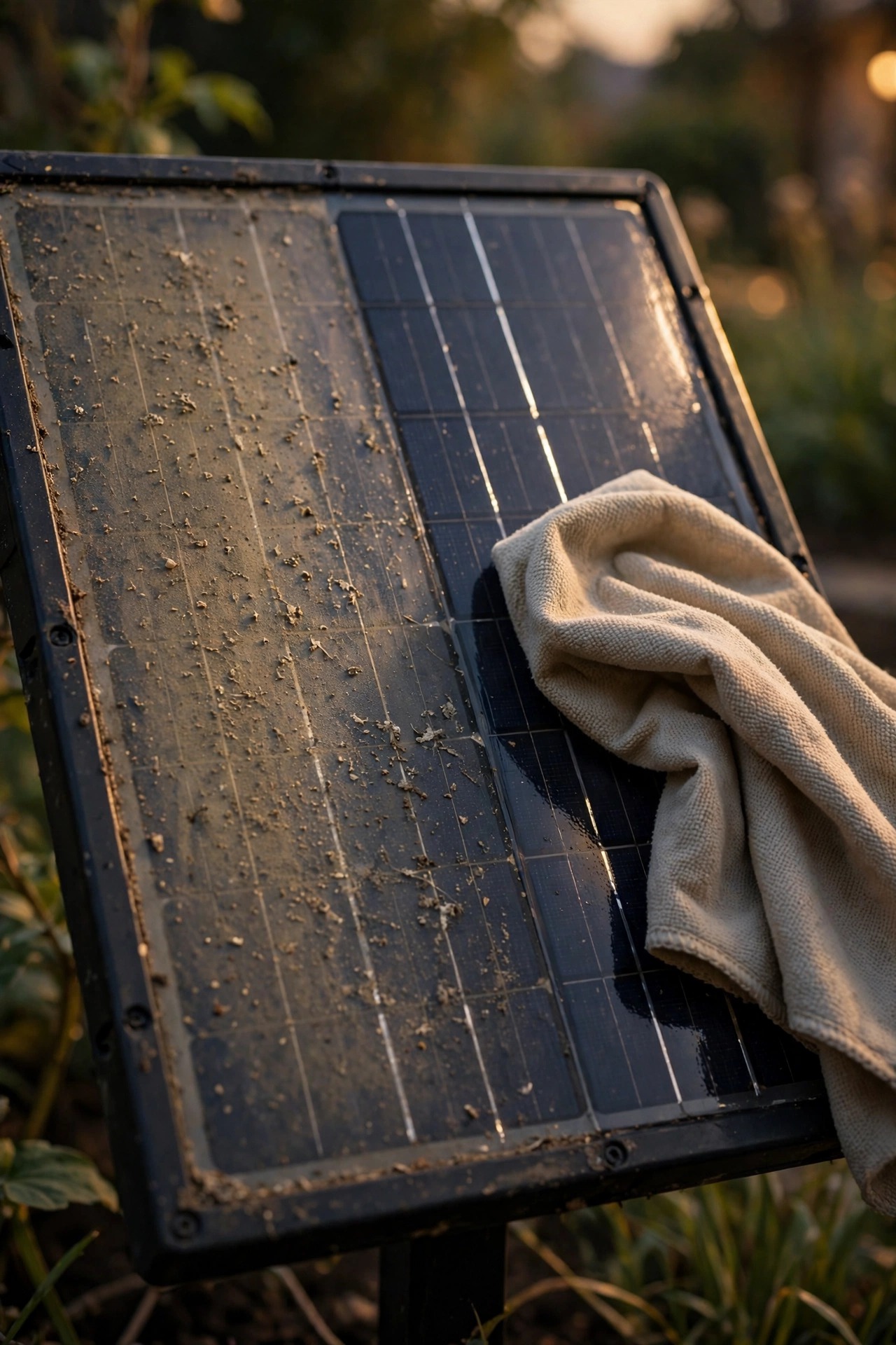 Solar light panel being wiped clean with a soft cloth, half the panel dusty and half clear