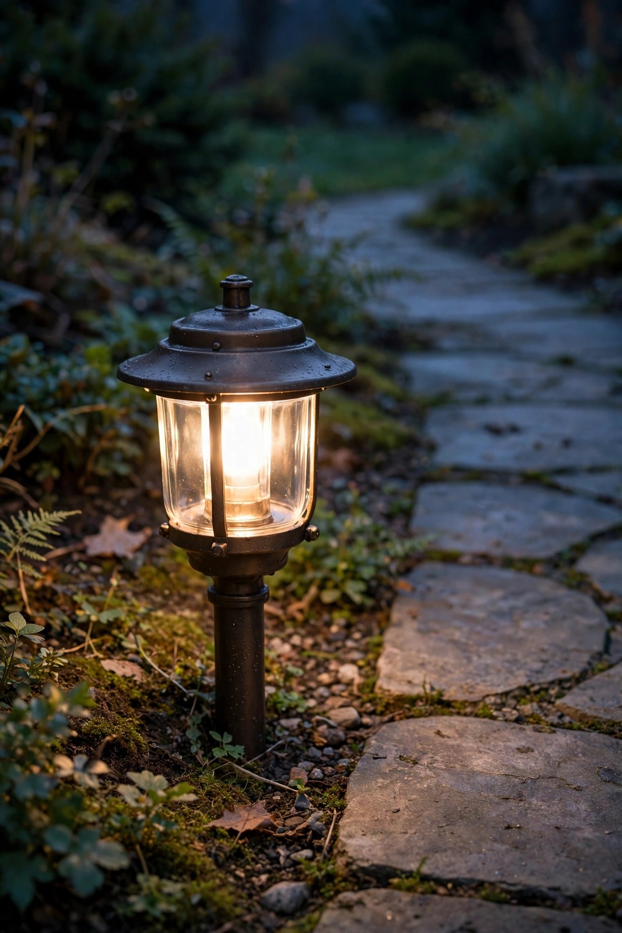 Close dusk view of a well-kept path light fixture with a clean clear lens glowing warm white beside a stone walkway