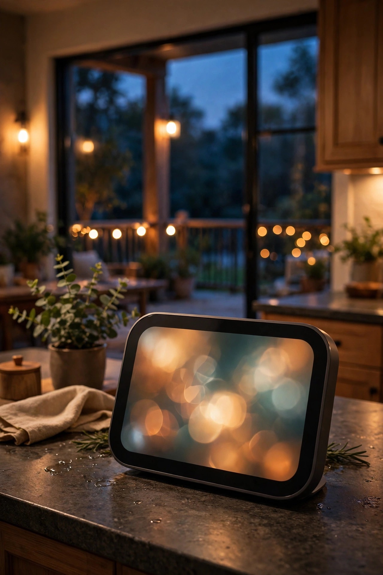 Smart display on a kitchen counter showing outdoor lights on at dusk through the window during a Google Home setup