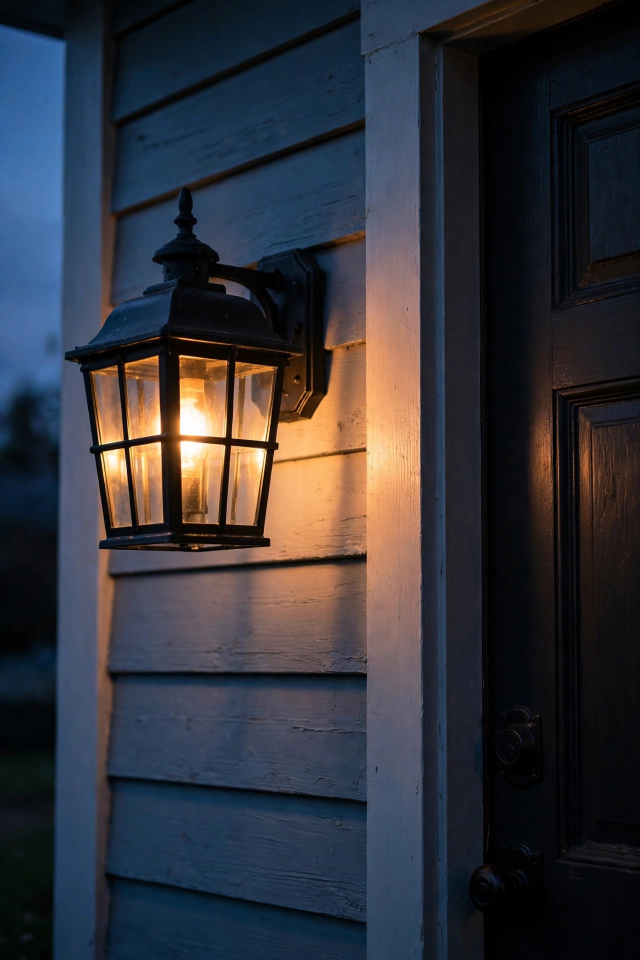 Close dusk view of a classic black porch wall lantern glowing warmly beside a front door, mounted on painted wood siding