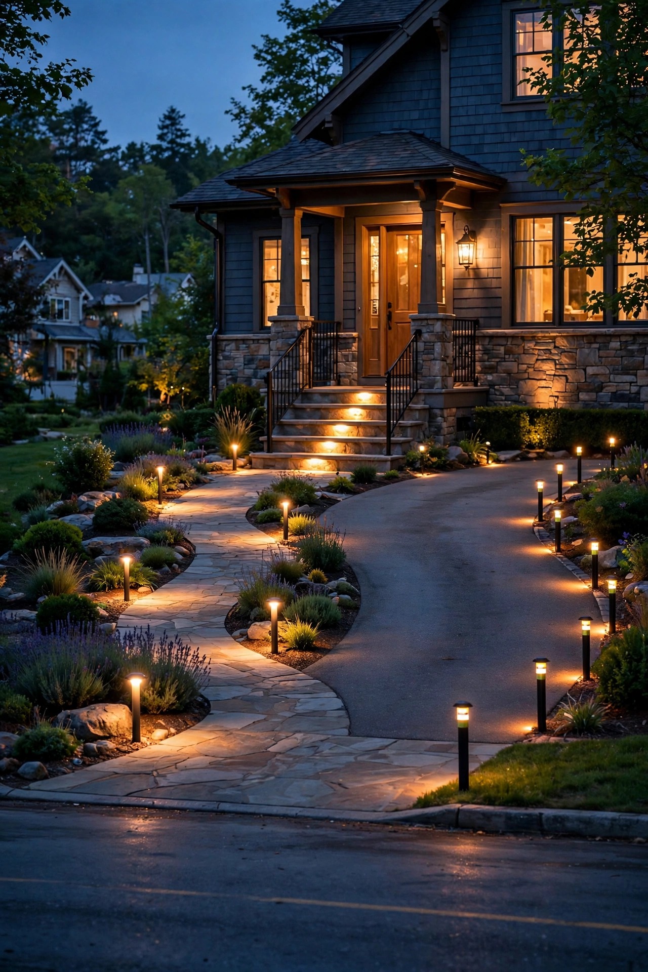 Evening view from the street showing a complete guest journey, driveway markers, glowing path lights along the walk, lit porch steps and a warm front door lantern
