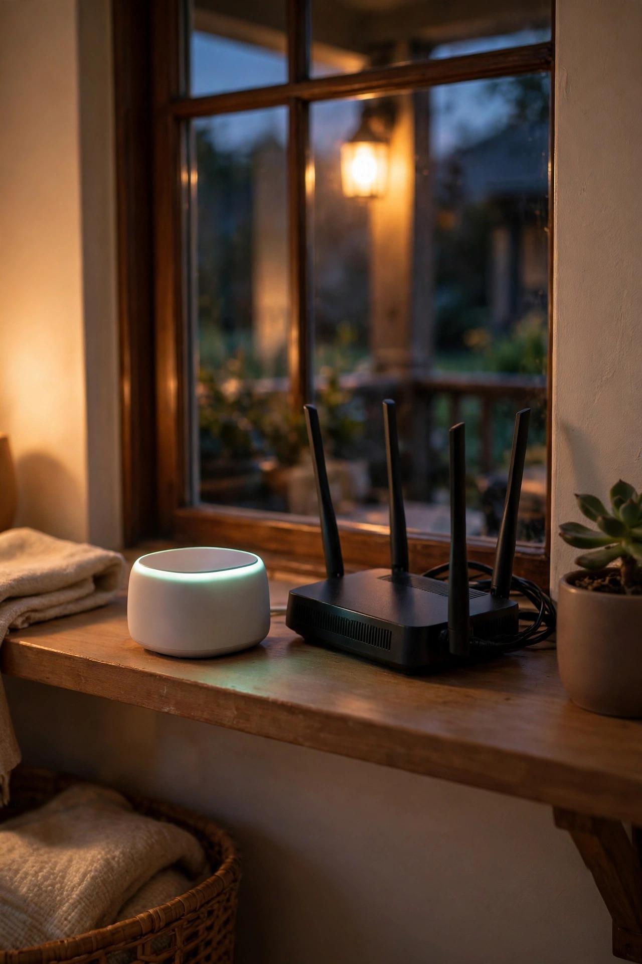 Small smart home hub with a soft status light on a shelf beside a router inside a home, warm porch light glowing through the window behind it