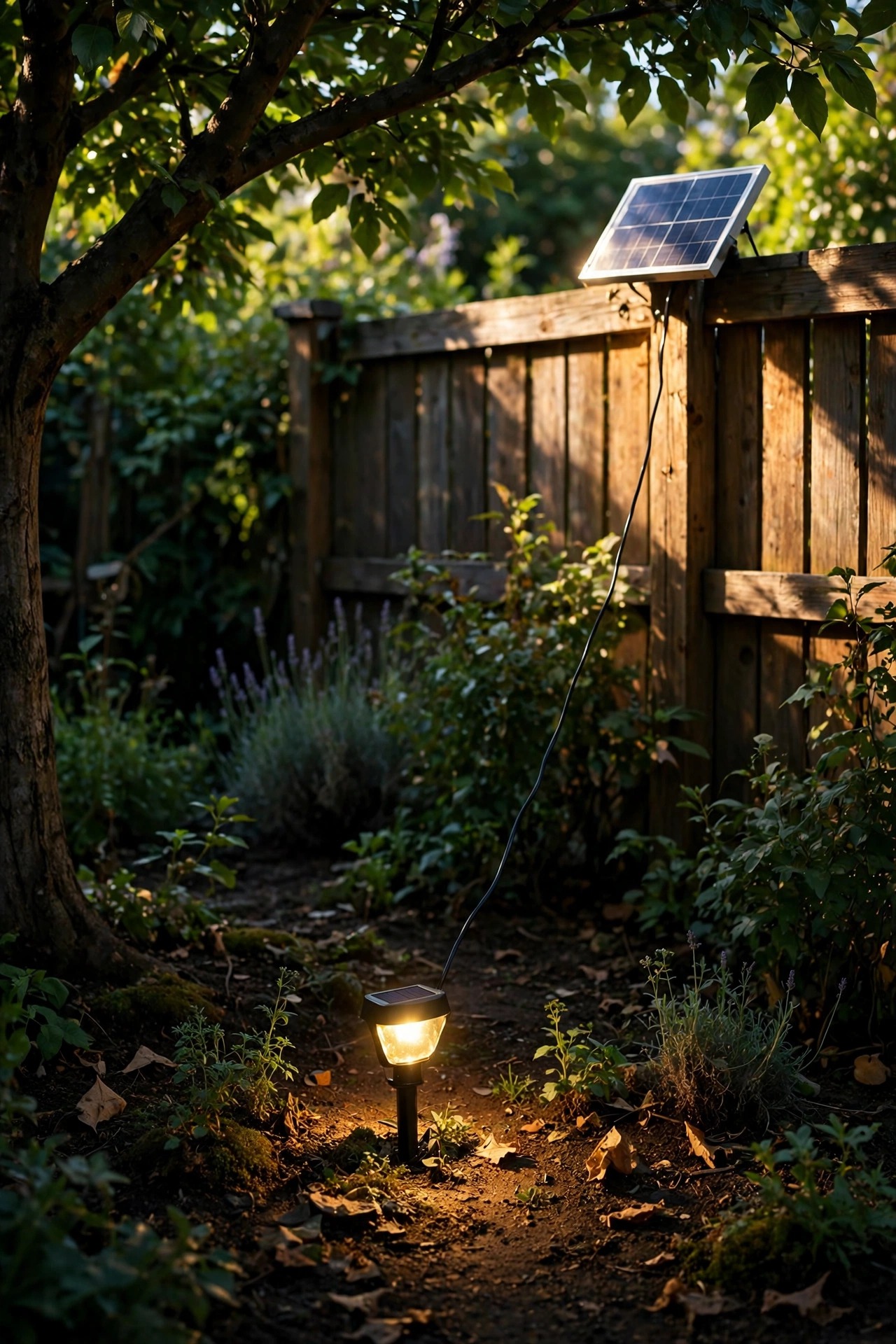 Solar spotlight glowing under a shaded garden tree while its small separate solar panel sits in bright sunlight on a nearby fence top, thin cable running between them
