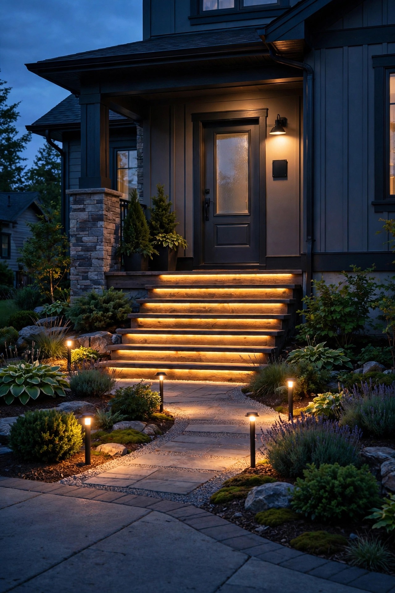 Photorealistic dusk view of front steps with warm light on every tread and a gently lit path running from the driveway to the front door