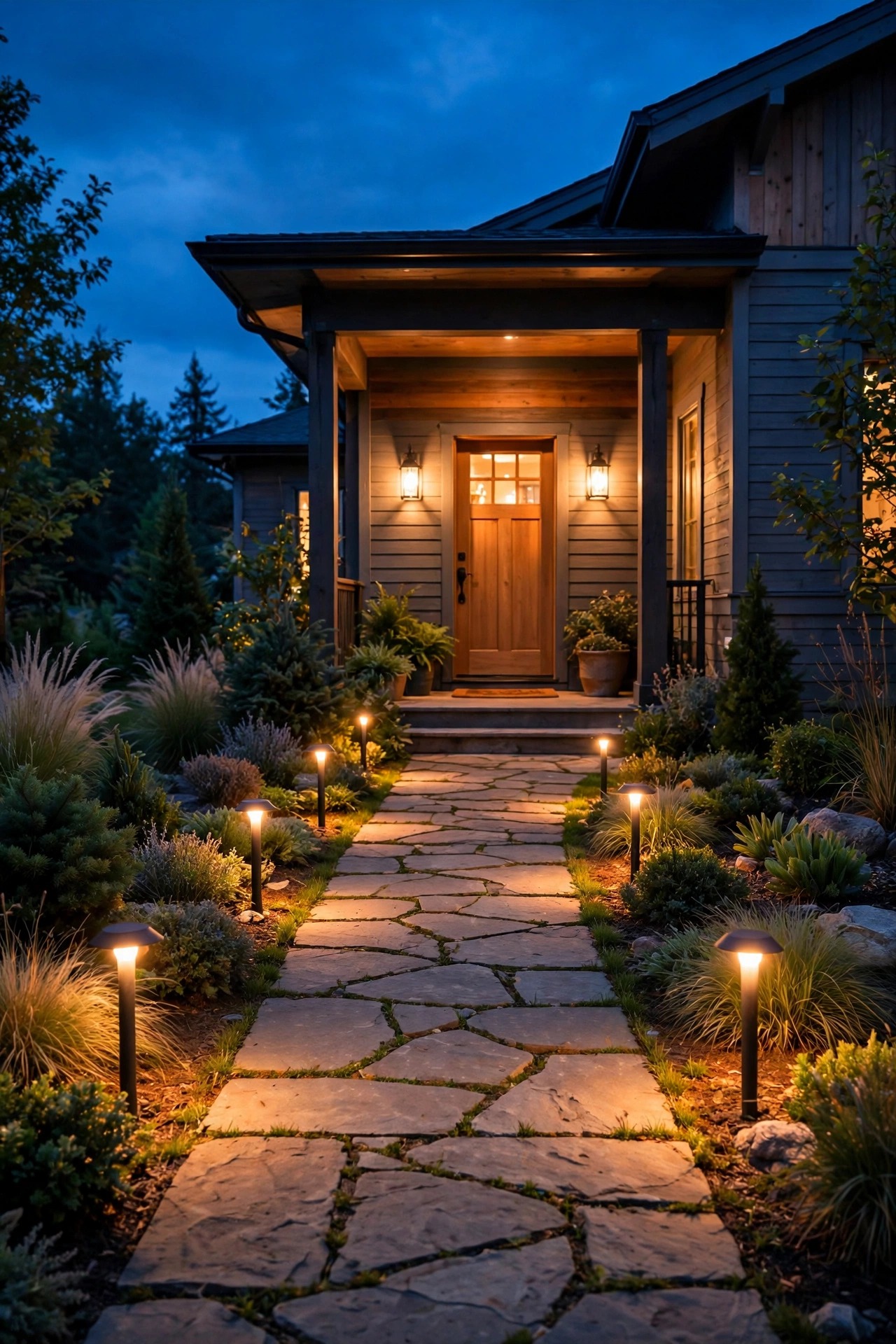 front walkway lined with warm path lights at dusk leading to a glowing porch, a perfectly timed evening welcome