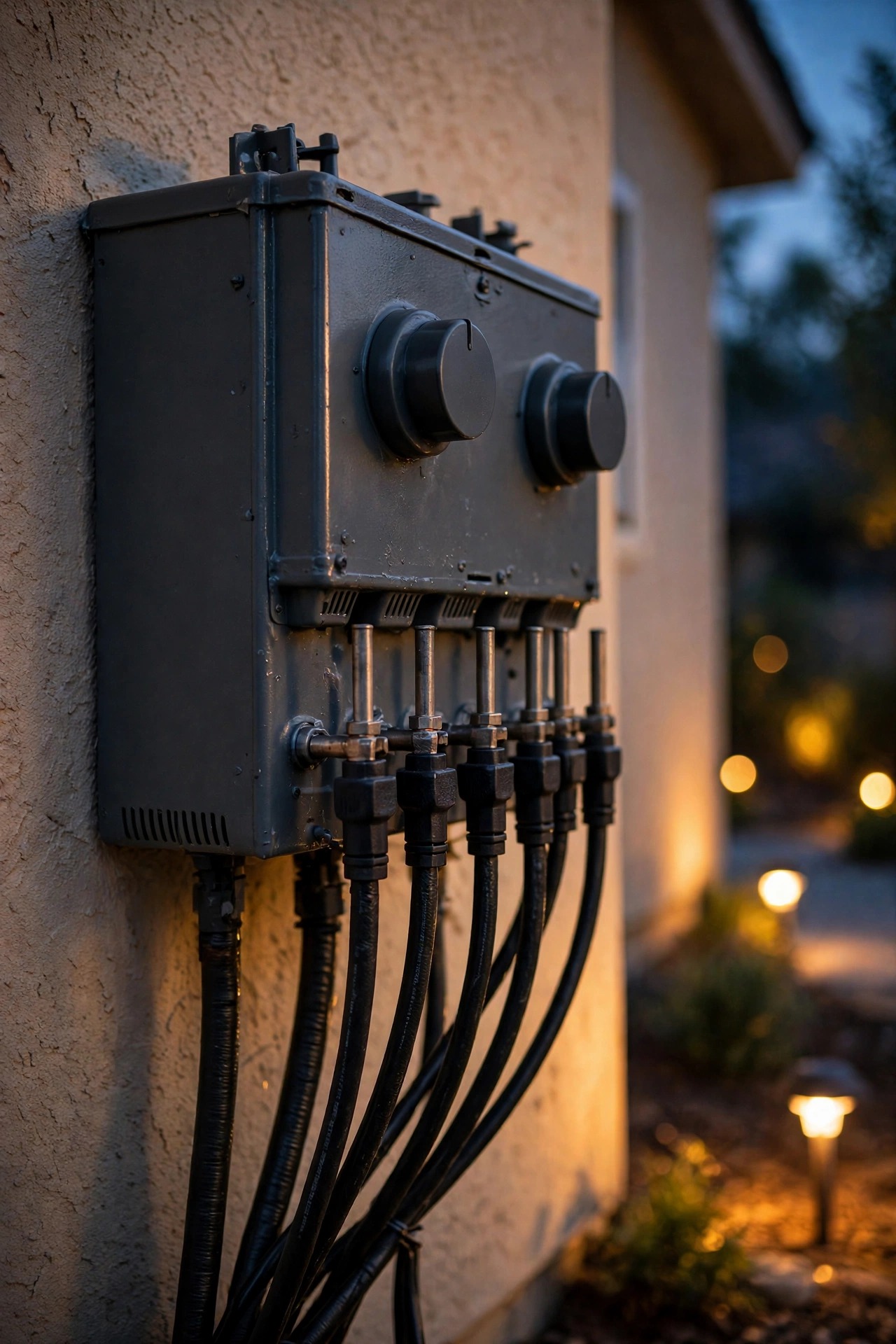 Multi-tap landscape lighting transformer terminals with labeled voltage taps and thick low-voltage cable runs
