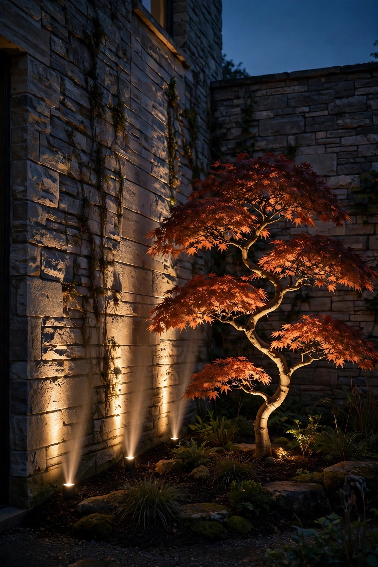 Narrow spotlight beams grazing up a stone facade and uplighting a sculptural maple tree in a front garden at night