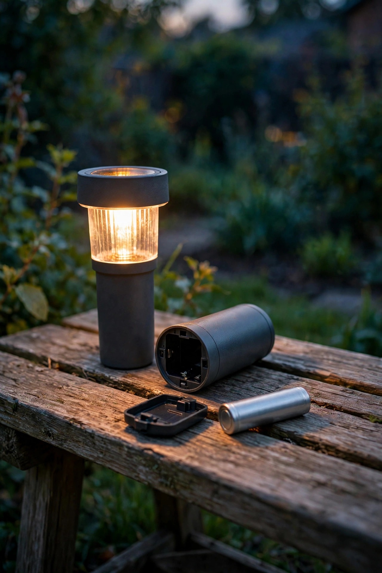 Solar path light with its battery cover removed and a fresh AA rechargeable cell being fitted on a garden bench