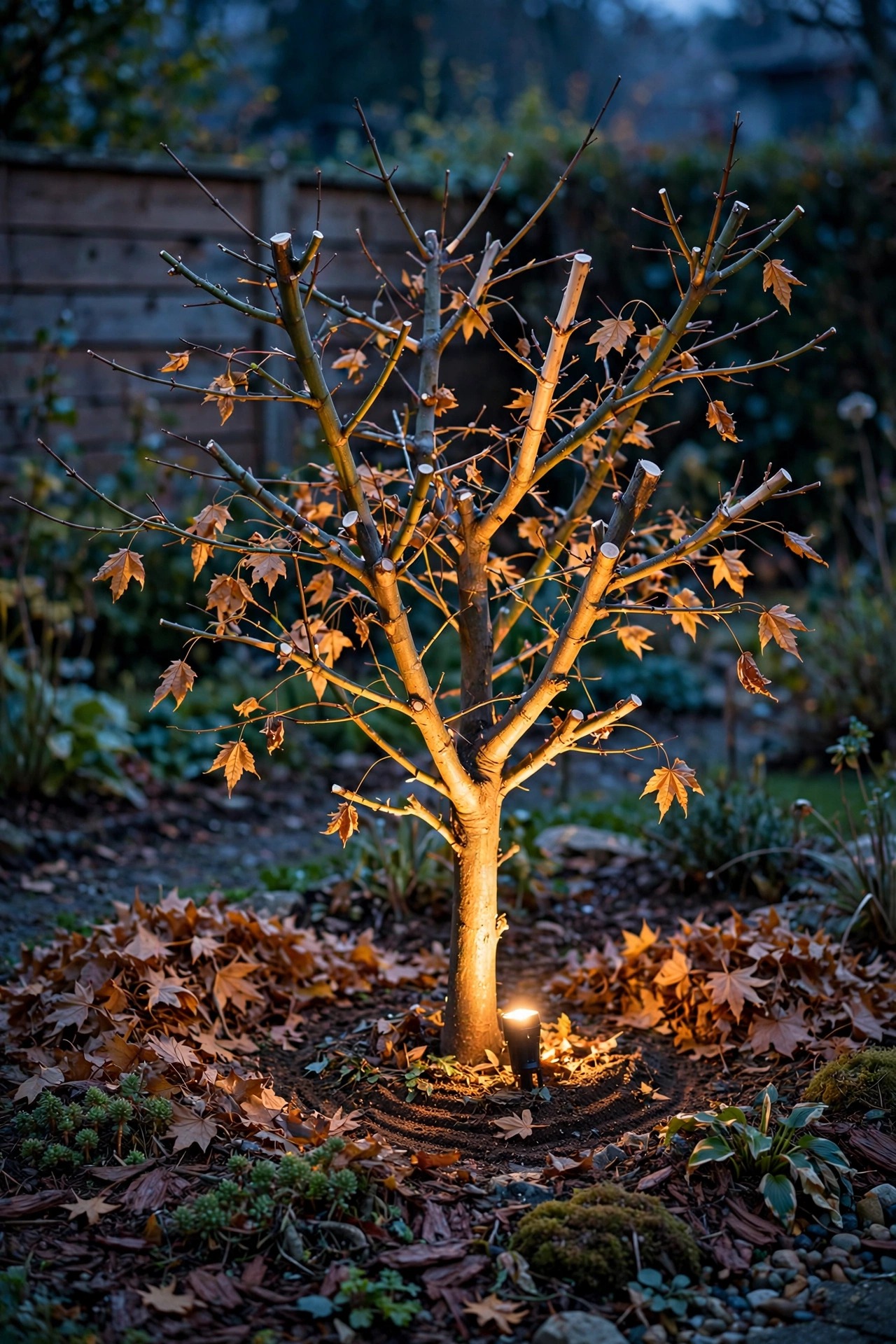 Photorealistic dusk view of a garden bed with a small tree uplight glowing up through lightly trimmed branches, fresh pruning cuts visible, fallen leaves raked back from fixtures, warm layered light