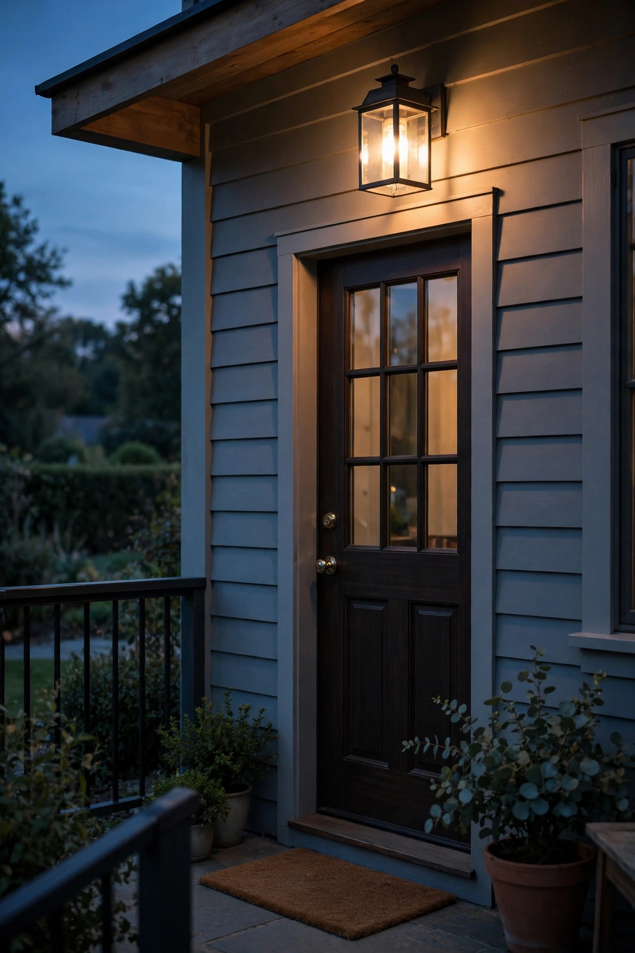 Simple warm front porch at dusk with a clean glass lantern-style fixture glowing softly, no visible wiring