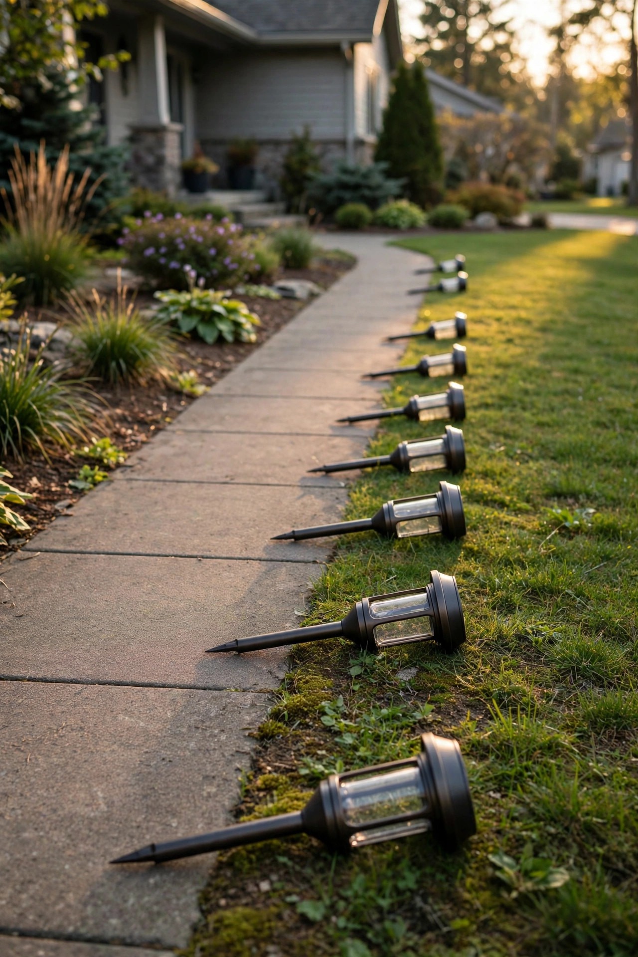 Solar path lights laid out along a front walk in late afternoon light, ready to be staked into the lawn edge