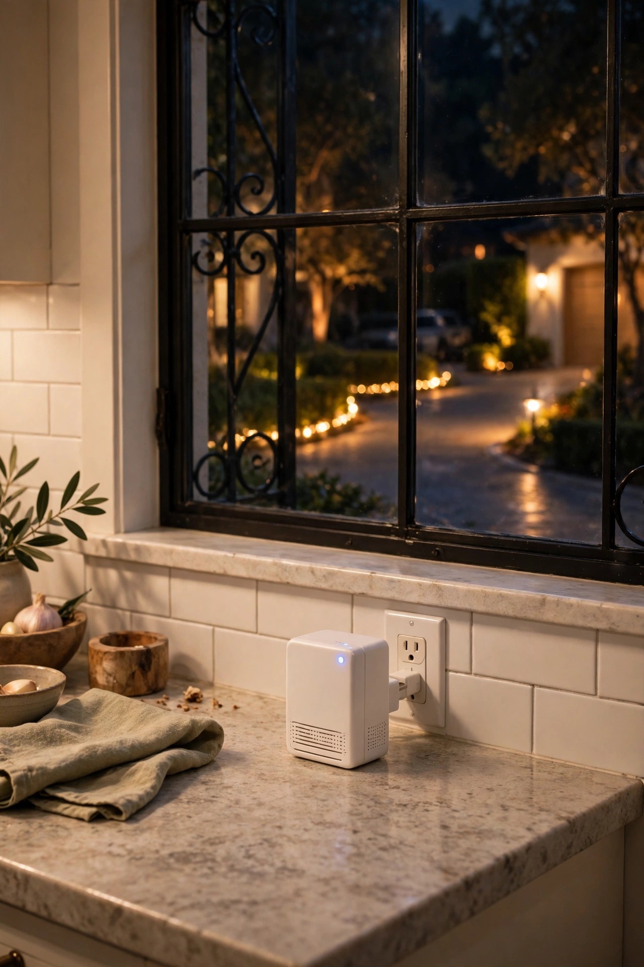 Small plug-in indoor chime receiver on a kitchen counter near a window overlooking a lit driveway at night