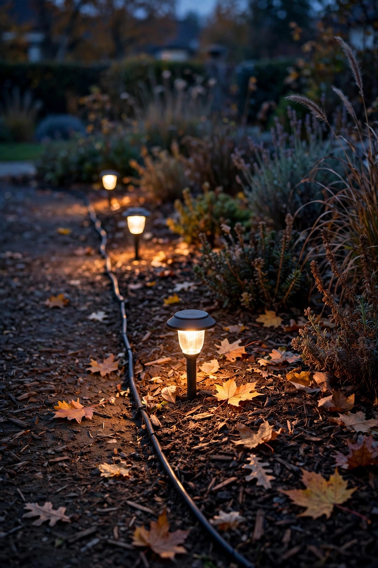 Photorealistic dusk view along a mulched garden bed edge with low voltage cable neatly tucked into the soil beside glowing path lights, autumn leaves, warm light pooling on the planting bed