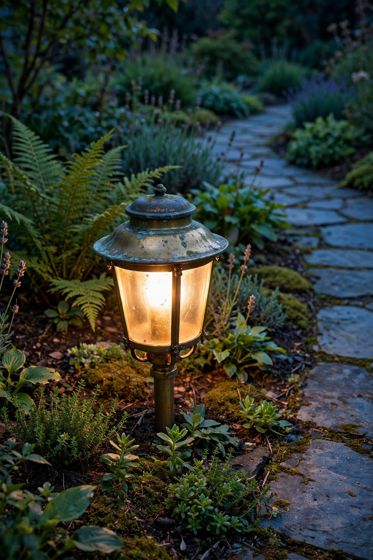 Photorealistic warm dusk view of an aged brass path light with a soft natural patina glowing warmly in a mature garden bed beside a stone path