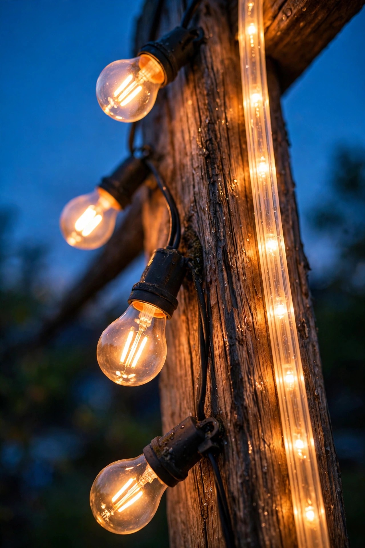 Close view at dusk of replaceable string light bulbs in weatherproof sockets beside a sealed rope light tube glowing along a beam