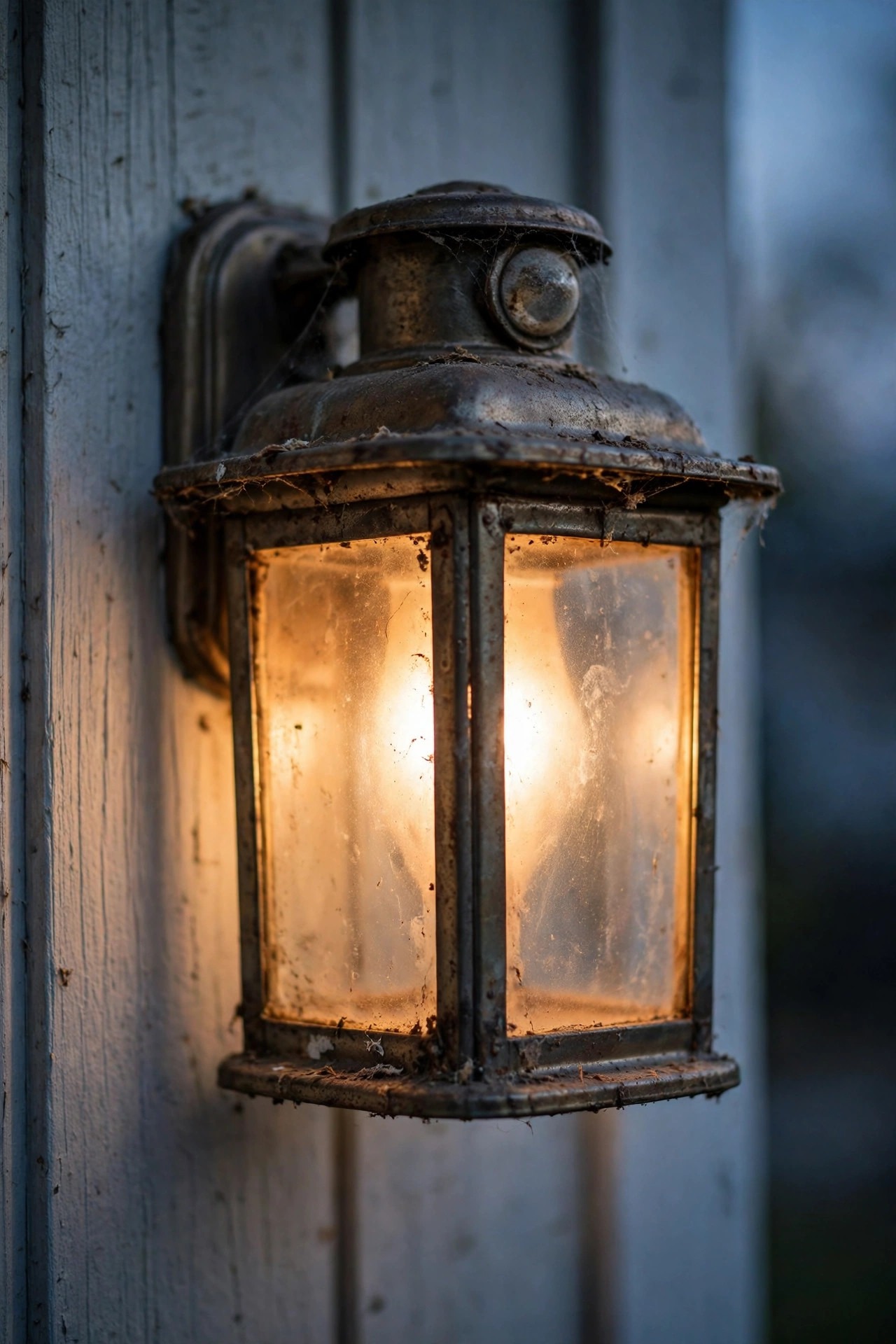Weathered outdoor porch light with a dusty photocell sensor window, photographed at dusk with a soft warm glow