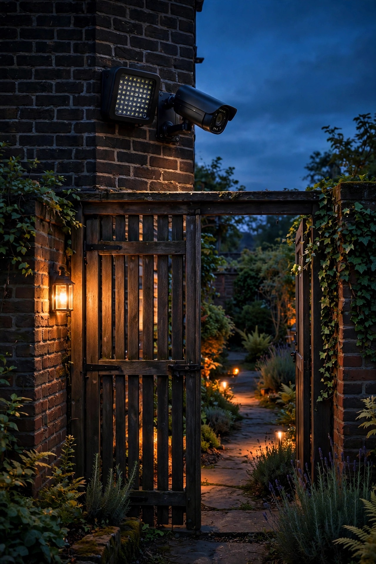 Small infrared illuminator panel mounted beside a security camera above a side gate at night, garden gate and path visible in soft monochrome-friendly light