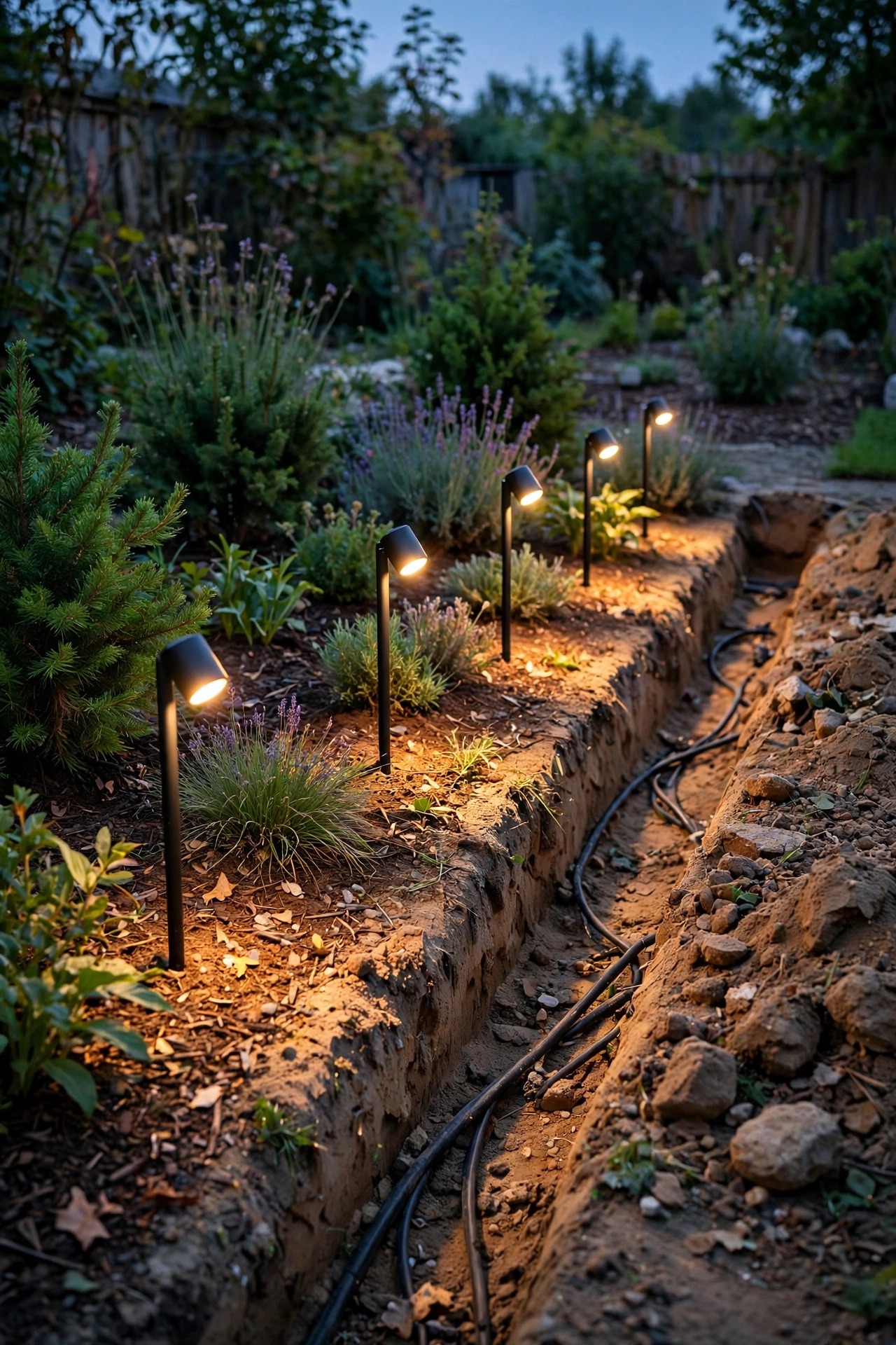 Garden at dusk with a freshly installed row of stake spotlights glowing along a bed, an open shallow cable trench and soil visible beside them