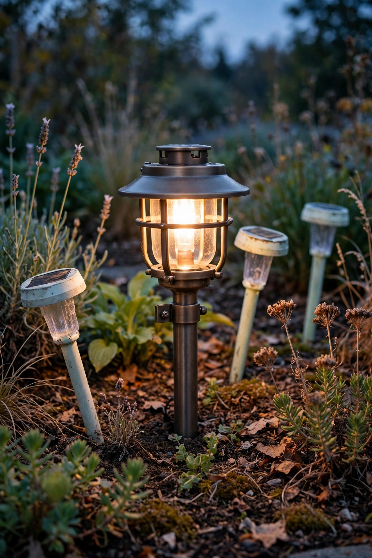 Sturdy metal low-voltage garden light glowing warmly in a perennial bed at dusk, built to last, beside fading plastic solar stakes