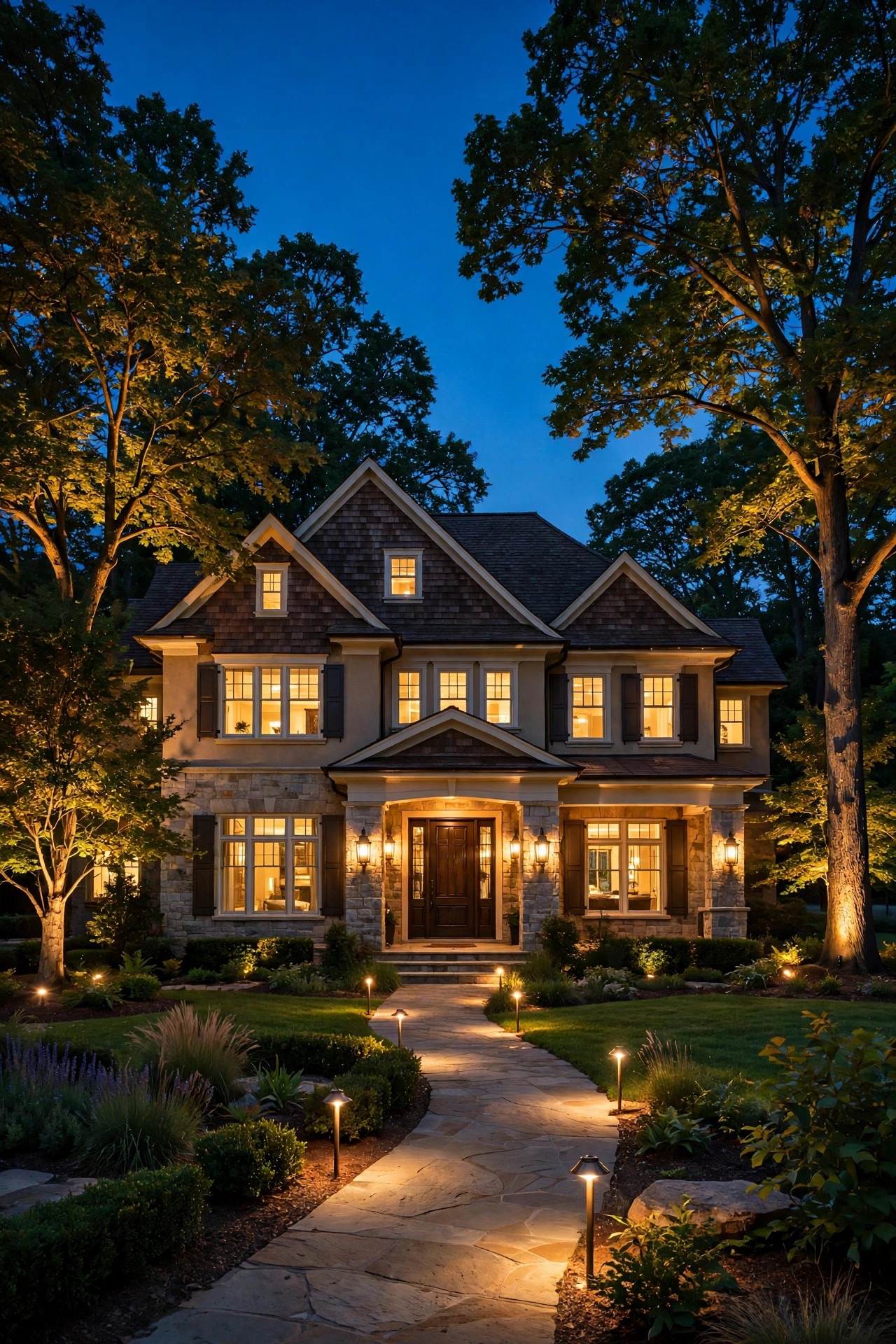 Large elegant home at dusk with a professionally designed landscape lighting plan, layered uplights in mature trees, brass path fixtures, and a warm layered facade