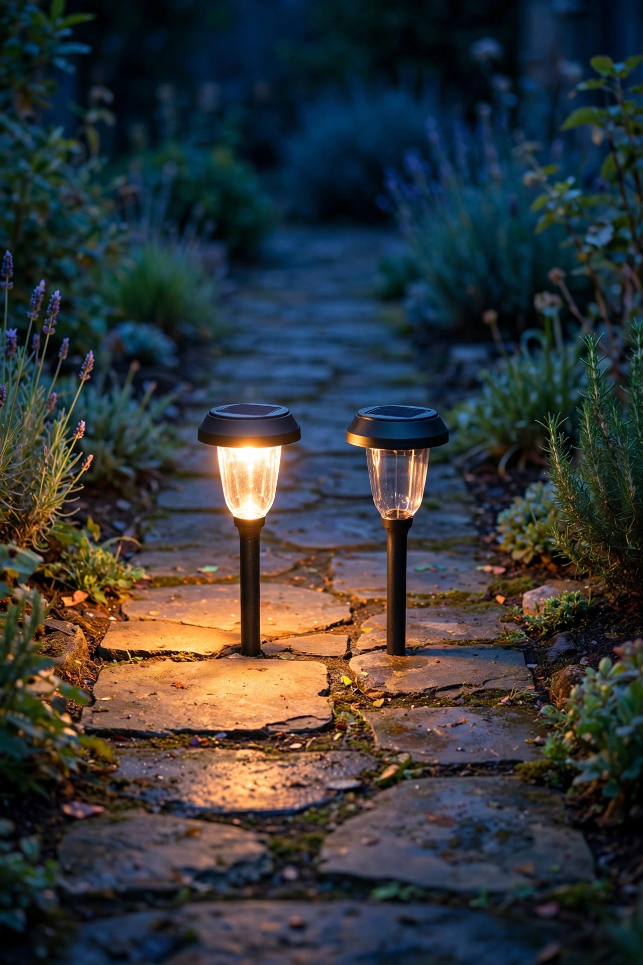 Two solar path lights glowing side by side along a walkway at dusk, one noticeably brighter than the other
