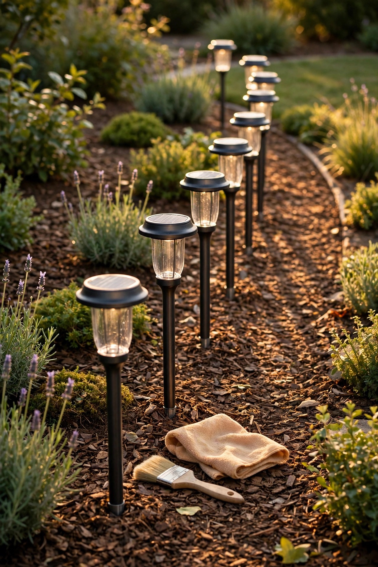 Solar path lights being cleaned and checked along a garden border in late afternoon light