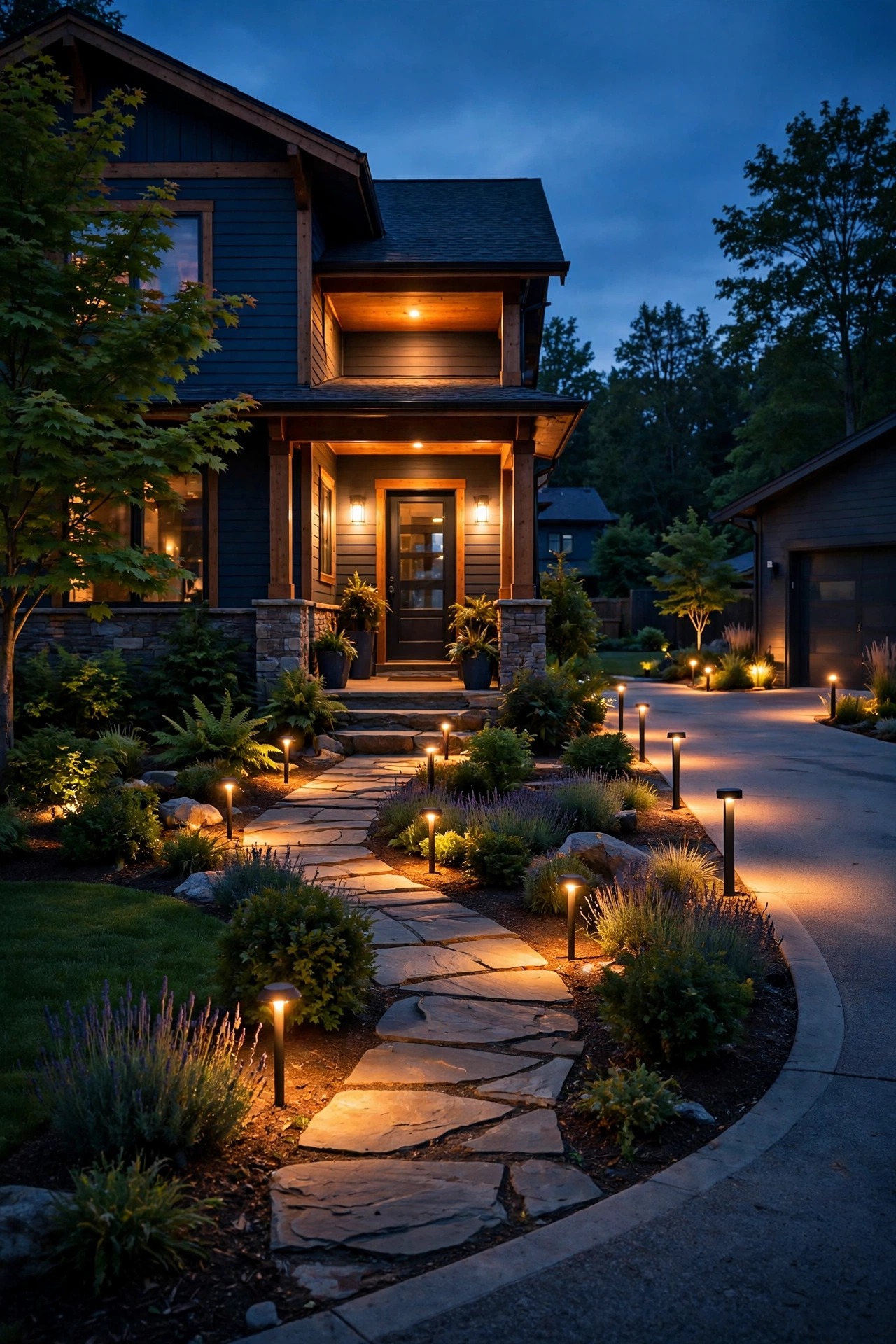 Front yard at dusk with porch, path and driveway lights in separate glowing zones, each named for voice control