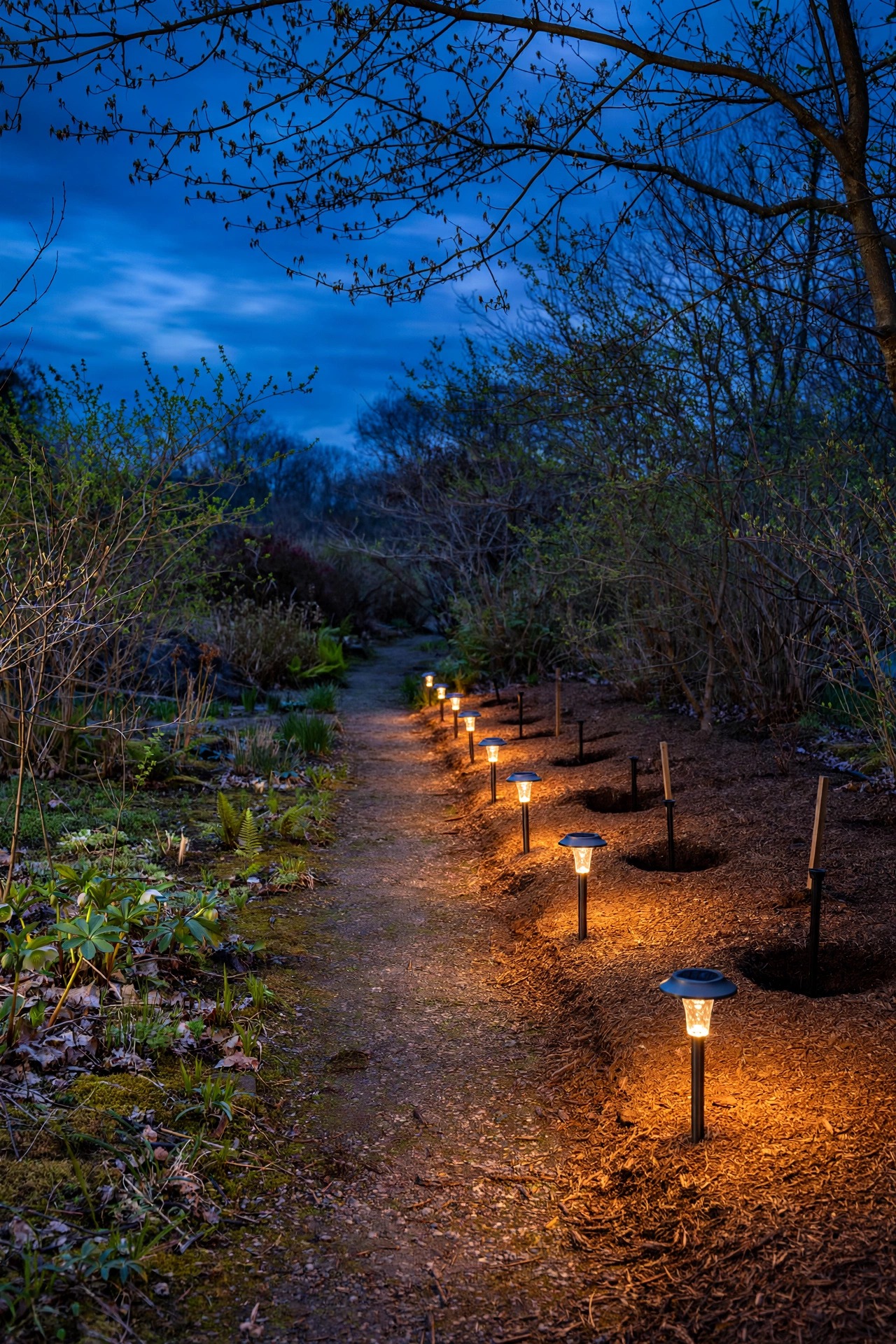 Garden path in early spring with a first phase of solar path lights installed along one side, empty mulched beds beside them waiting for accent lights, soft evening glow
