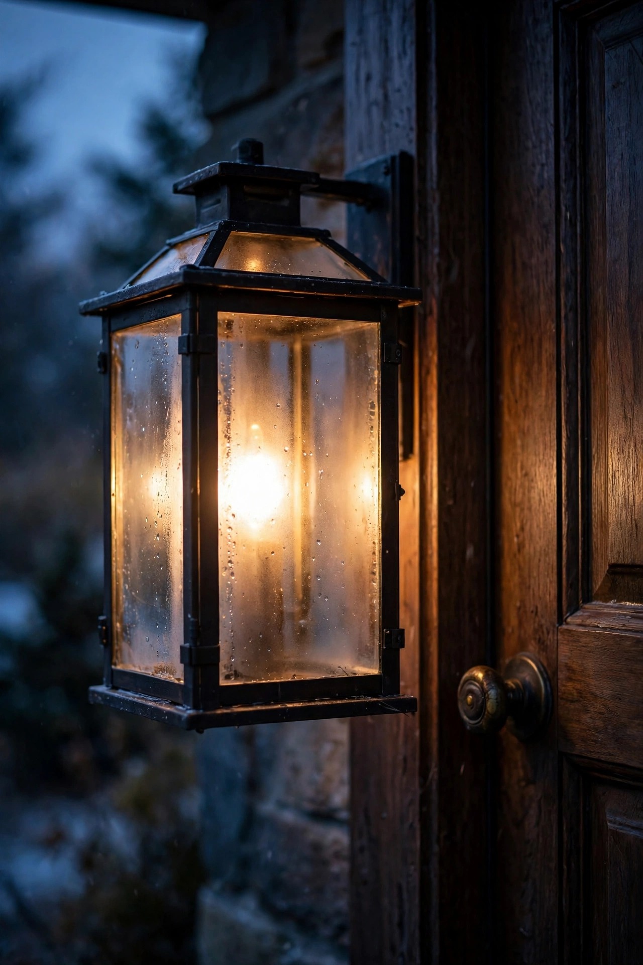 Close view of an enclosed glass porch lantern glowing warm at dusk beside a front door, sealed fixture in cold evening air