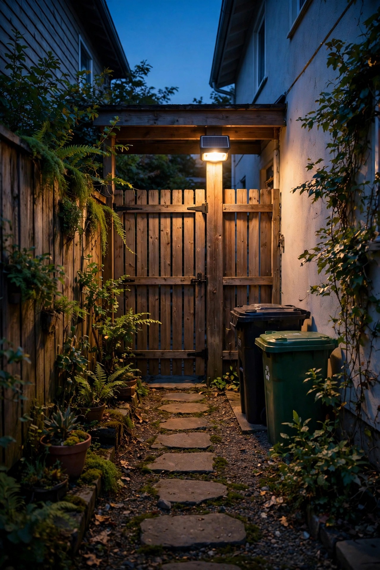 Photorealistic dusk view of a narrow side yard passage with a solar motion-sensor flood light glowing warm above a wooden gate, stepping stones and bins softly visible, safe and practical lighting