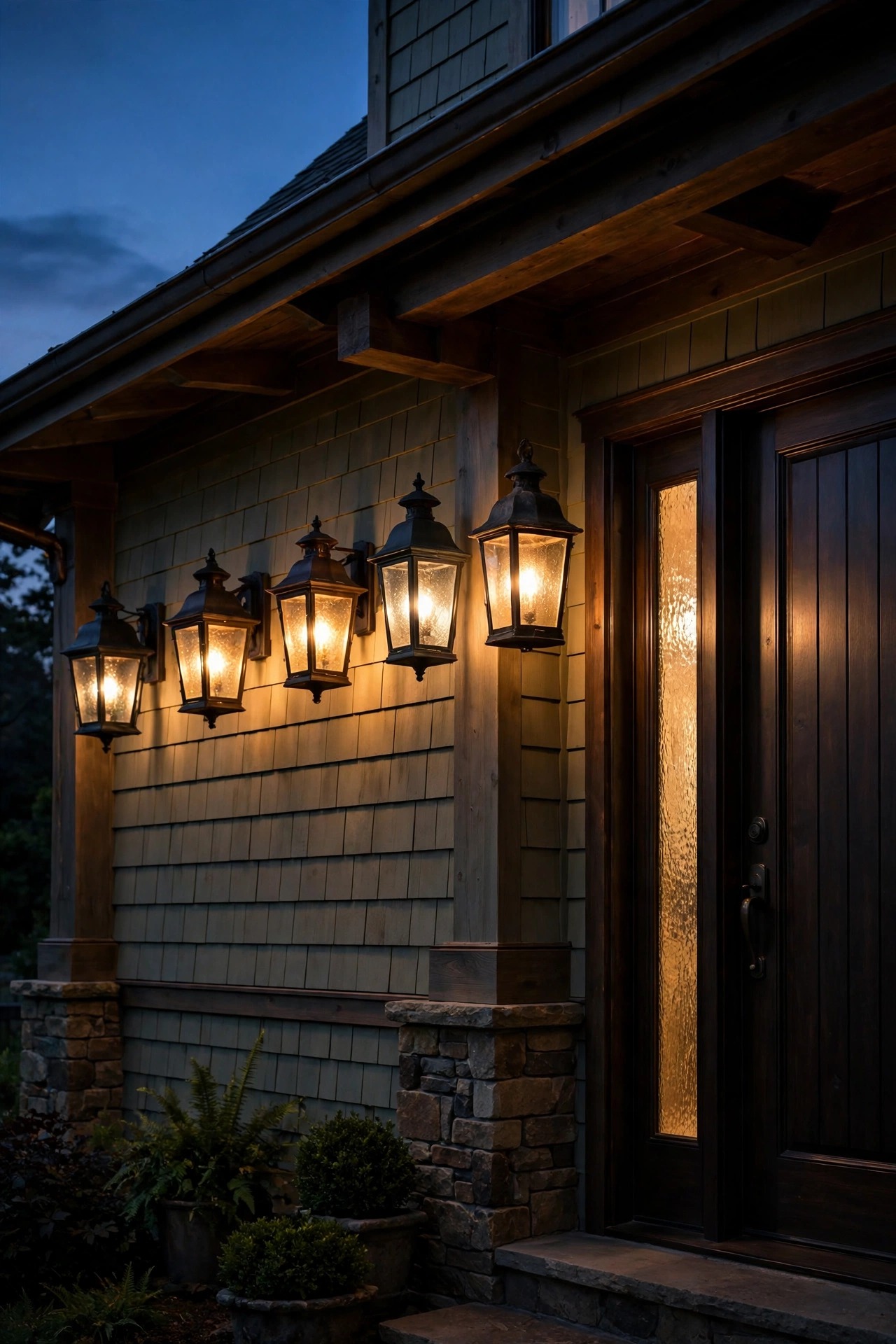 Row of elegant porch lanterns in different dark finishes mounted along a craftsman home entry at dusk, seeded glass glowing warm beside a tall front door