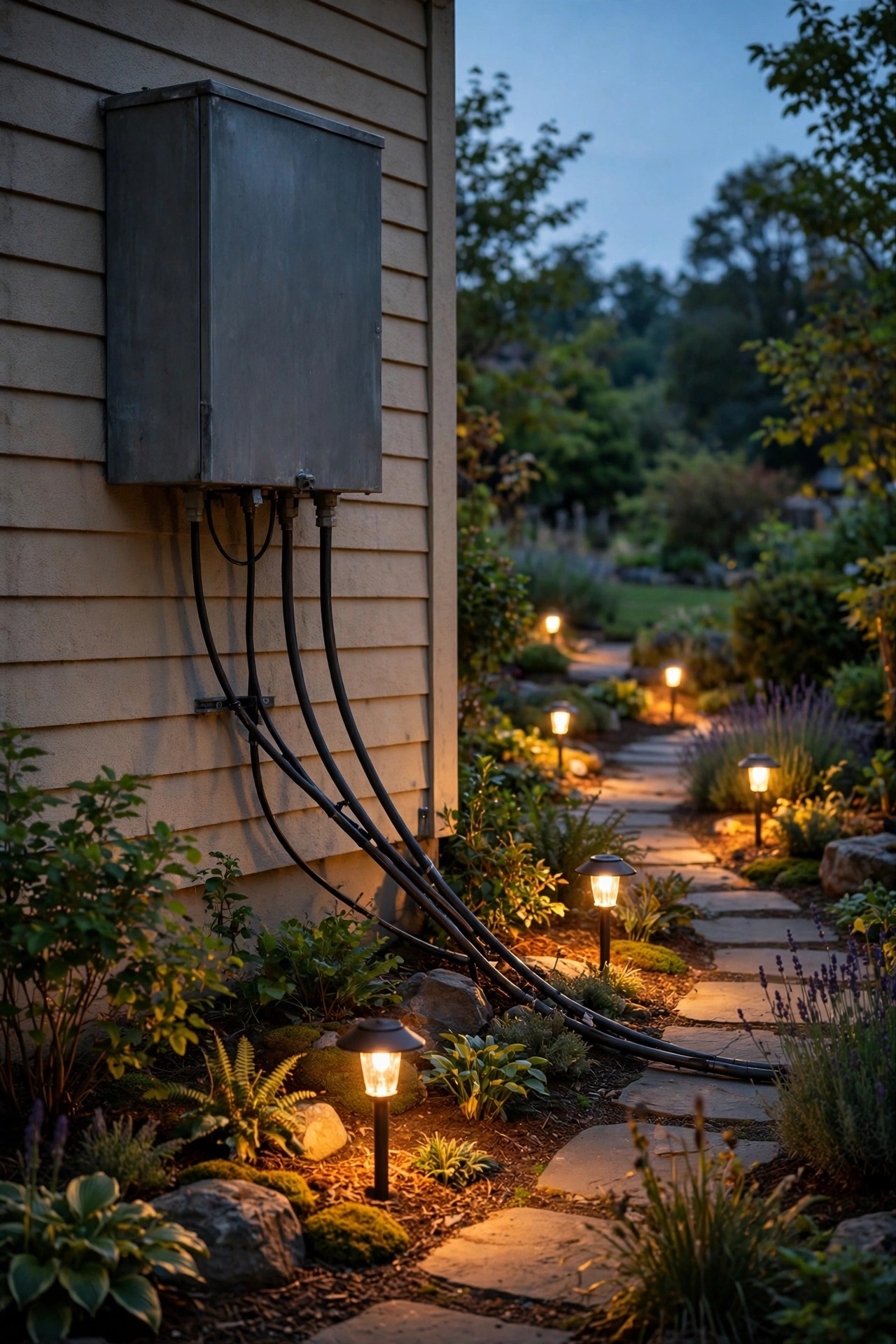 Low-voltage landscape lighting transformer mounted on an exterior house wall at dusk with cable runs leading to warm path lights glowing across the yard