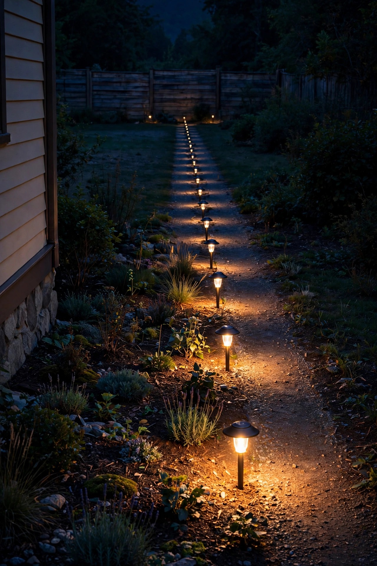 Long row of low-voltage path lights stretching down a side yard at night, bright near the house and gradually dimmer toward the far fence