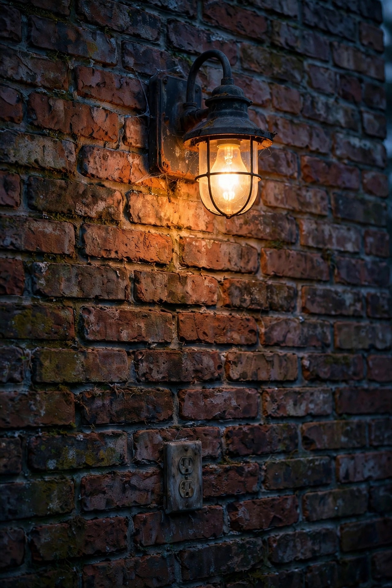 Moody dusk view of an older outdoor wall fixture with a weathered outlet below it on a brick wall, single warm bulb glowing