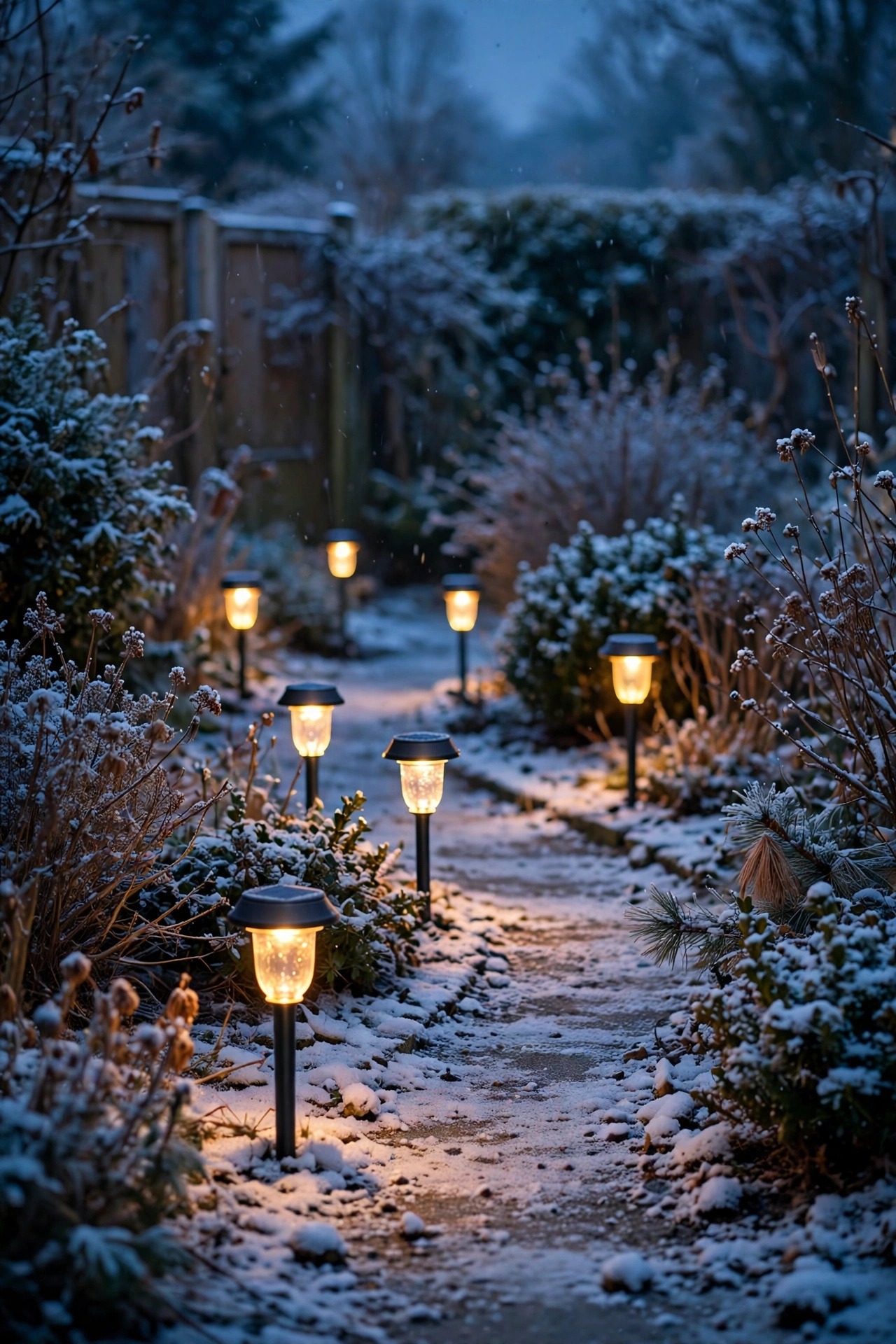 Solar lights glowing in a lightly snow-dusted garden at dusk in winter