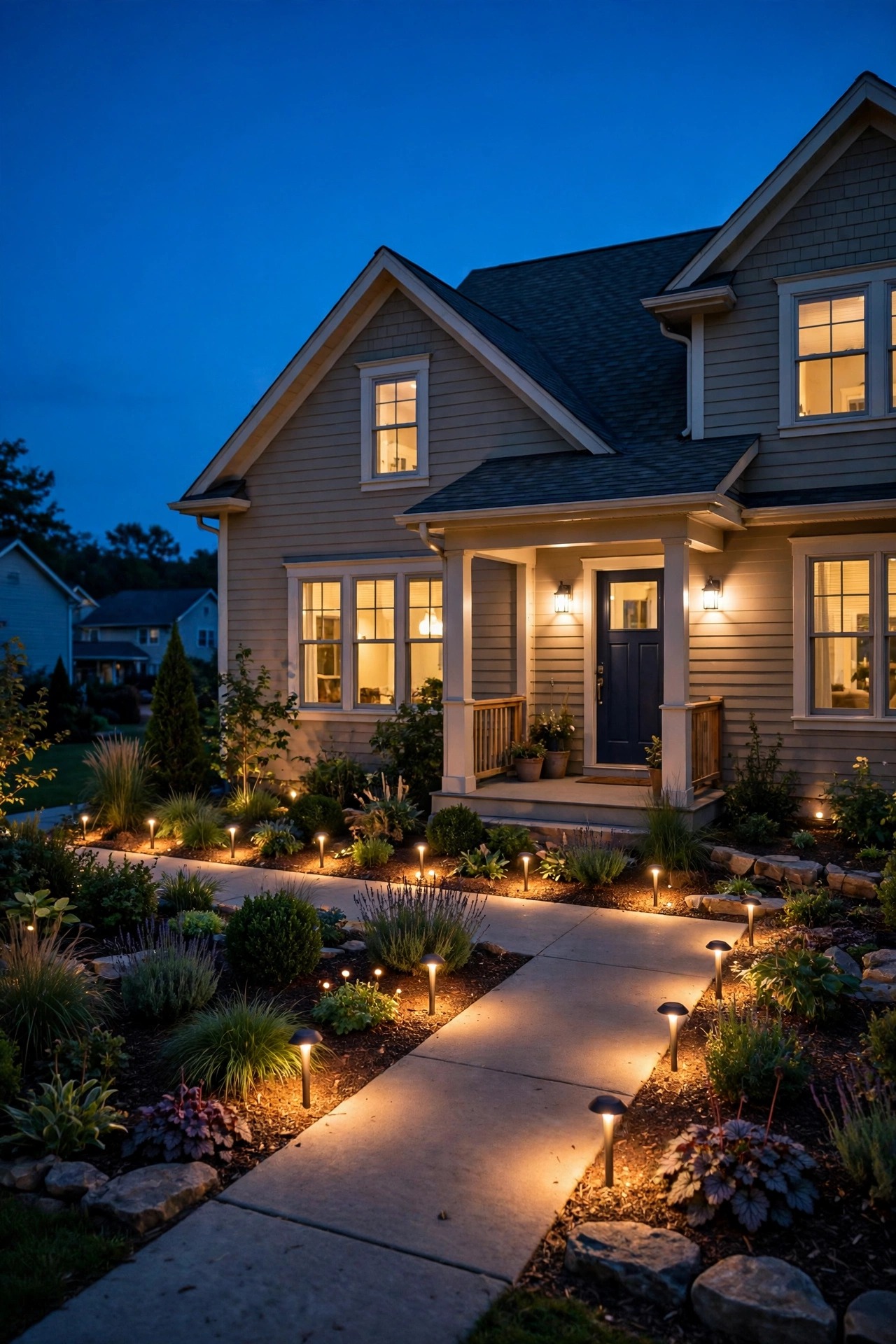Front garden beds lighting up evenly at early evening dusk on a timer, warm LED glow against a deep blue sky, welcoming suburban home