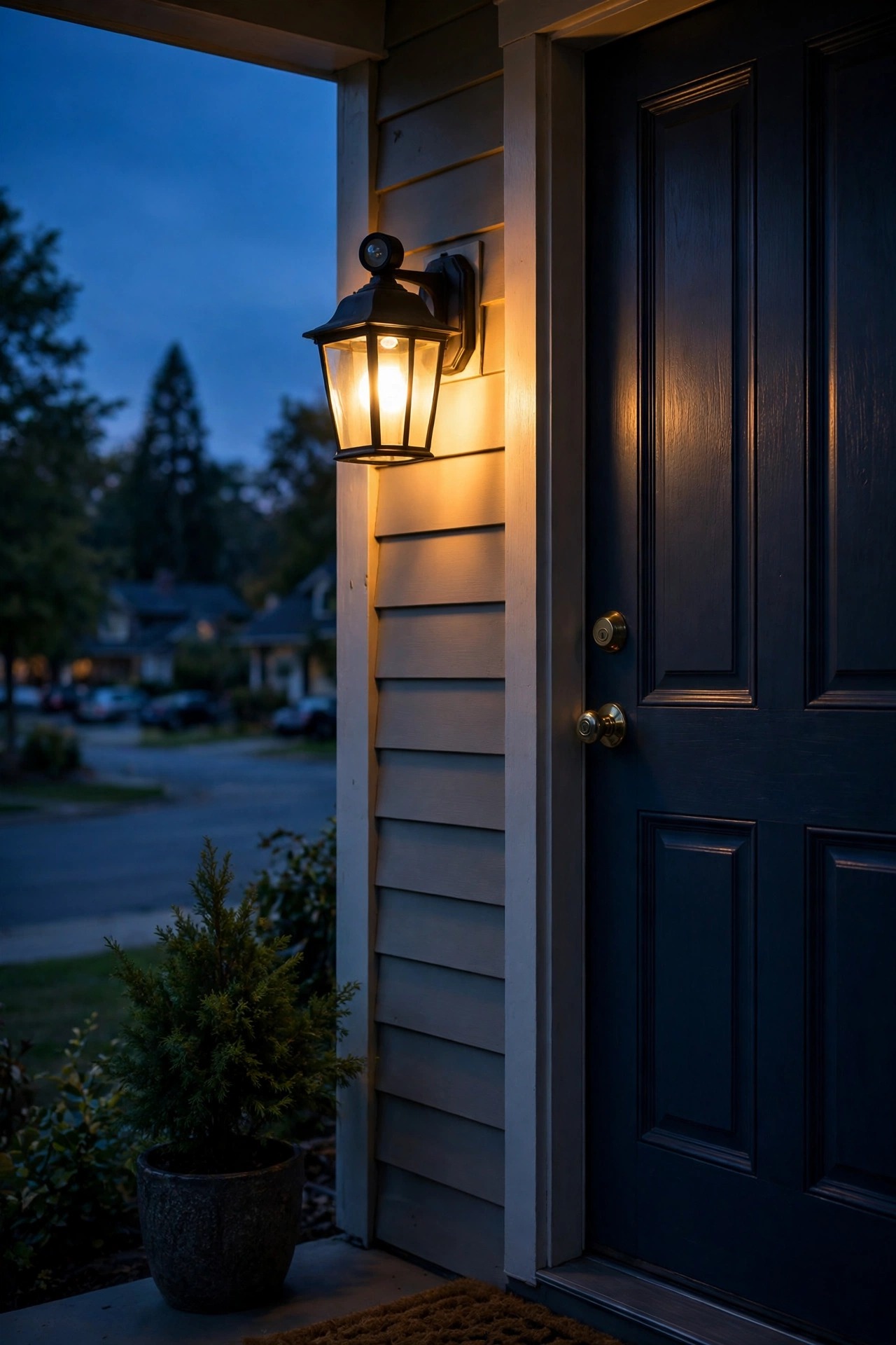 Porch light glowing at dusk beside a front door with a small round photocell sensor visible on the fixture, deep blue twilight sky and a quiet suburban street behind