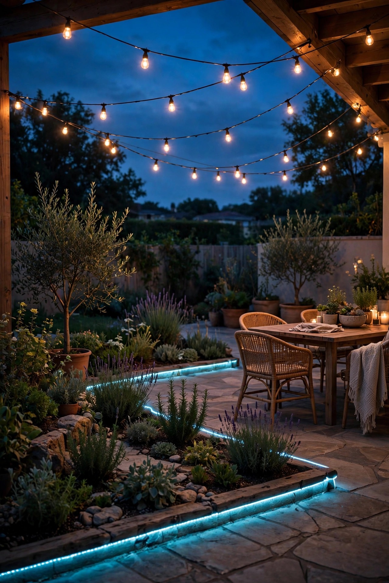 Patio at dusk with dimmed warm string lights overhead and a rope light glowing in a soft accent color along the garden bed edge