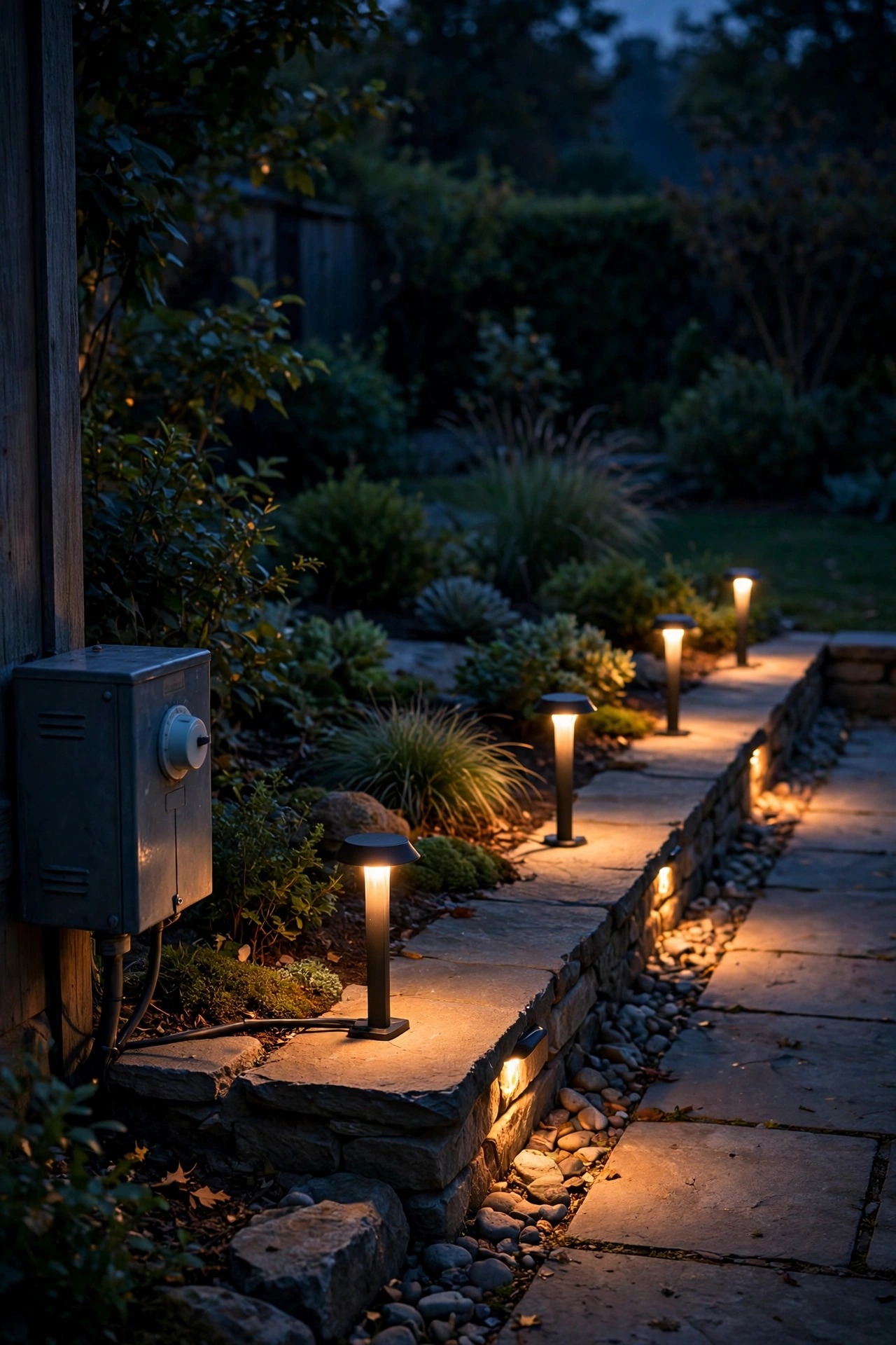 Energy-efficient LED garden lights glowing warmly along a patio edge at night with a small timer dial visible on the transformer, no readable numbers