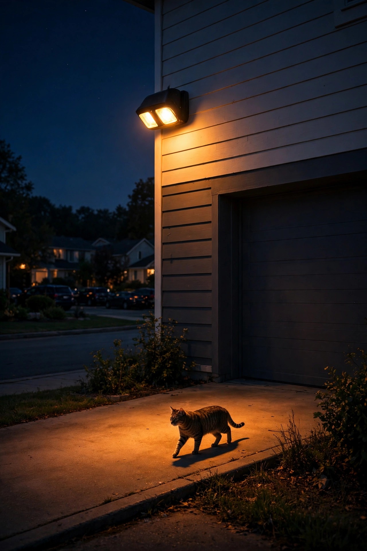 Motion sensor light glowing at night on a quiet street with a cat walking across the edge of a driveway