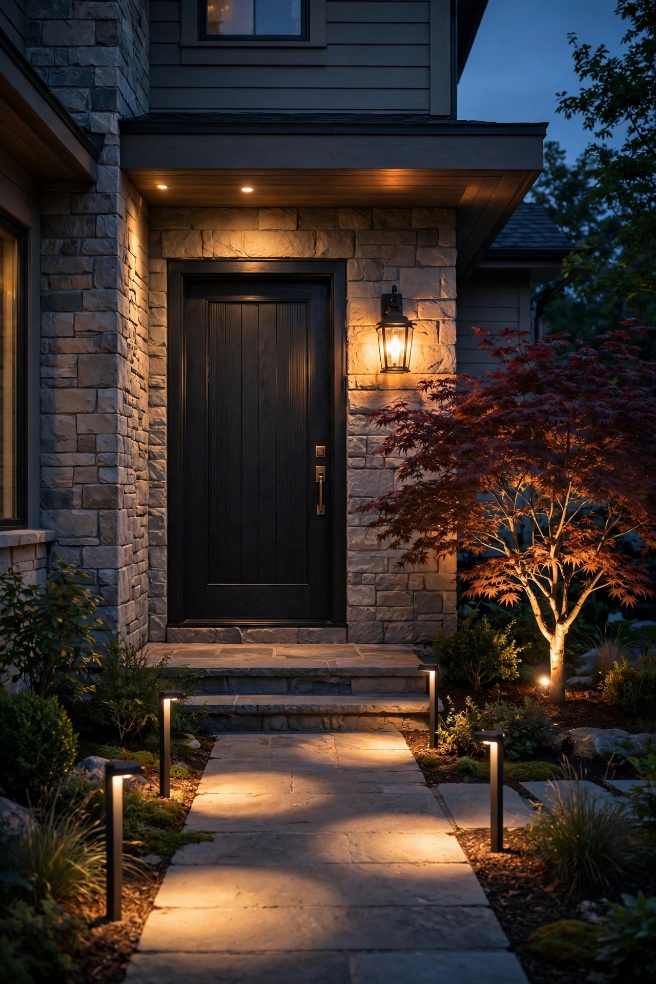 Photorealistic warm dusk view of a completely finished front entry with layered lighting, a warm lantern by the door, overlapping pools of path light and one softly uplit ornamental tree
