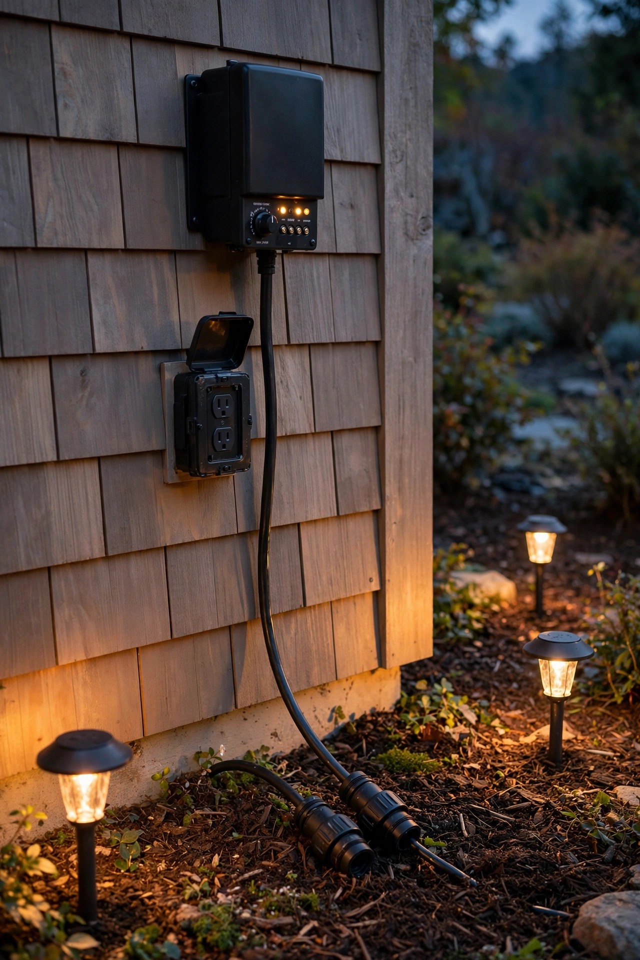 Landscape lighting transformer mounted on a house wall above a GFCI outlet with buried low-voltage cable and waterproof connectors