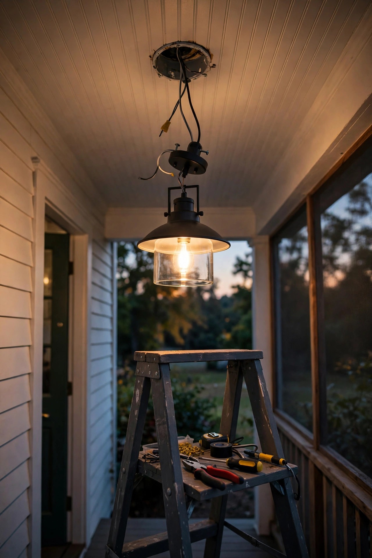 New pendant light being fitted to a porch ceiling junction box with tools resting on a ladder shelf, warm evening light