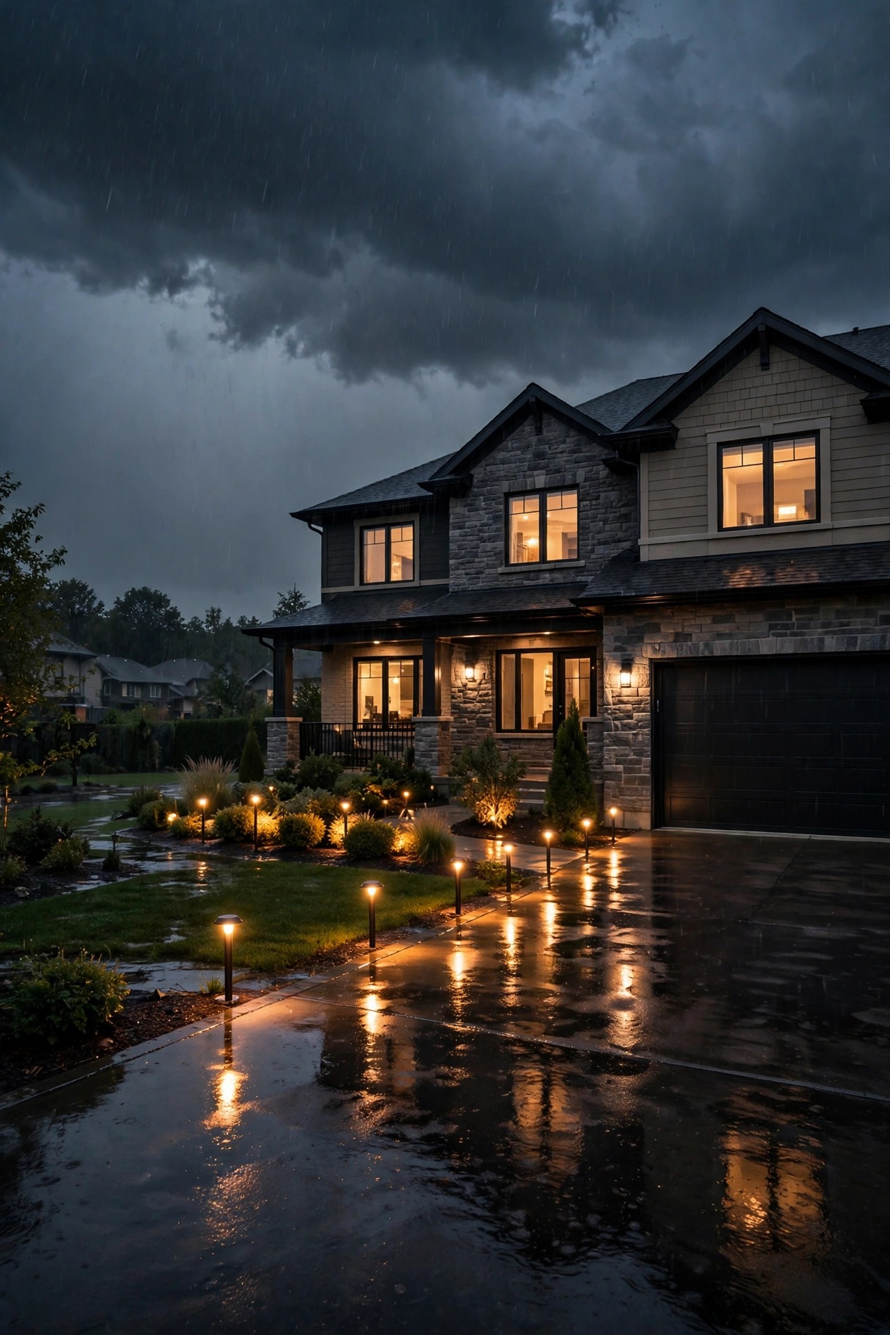 Suburban home during a stormy evening with smart landscape lights still glowing on schedule across the yard under dark dramatic clouds