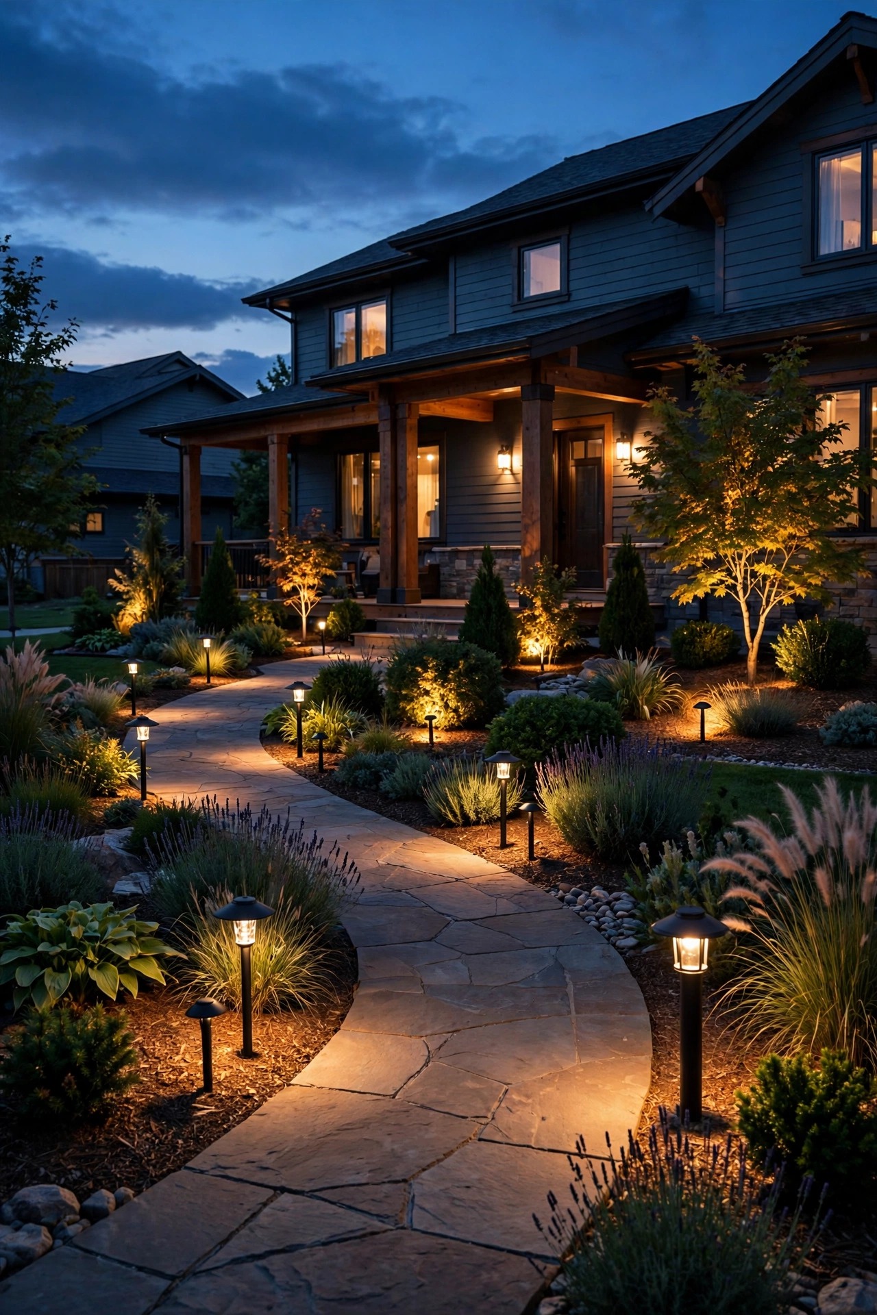 Neat suburban front yard at dusk with black metal path lights and uplights creating layered warm pools of light along the walkway and planting beds