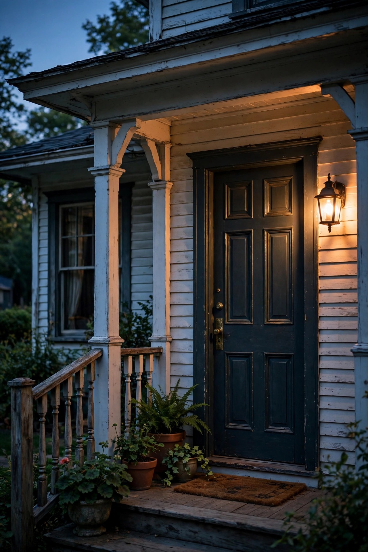 Classic older American home porch at dusk with a traditional lantern glowing beside a paneled front door
